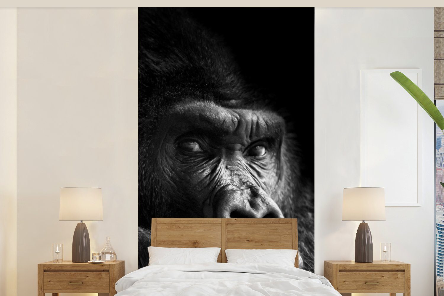 MuchoWow Fototapete Gorilla - Affe - Schwarz - Weiß - Porträt, Matt, bedruckt, (2 St), Vliestapete für Wohnzimmer Schlafzimmer Küche, Fototapete | Fototapeten