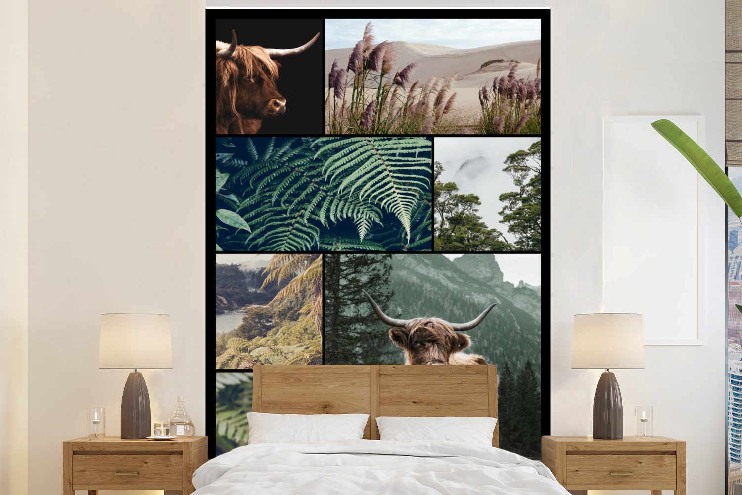 MuchoWow Fototapete Schottische Highlander - Collage - Pflanzen - Natur, Matt, bedruckt, (3 St), Montagefertig Vinyl Tapete für Wohnzimmer, Wandtapete