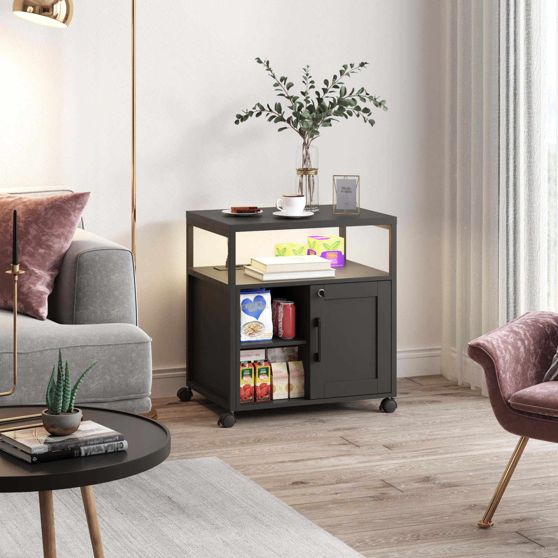 FUFU&GAGA Aktenschrank Druckerschrank mit LED-Lichtleistee, Schwarz, MDF, 6 günstig online kaufen