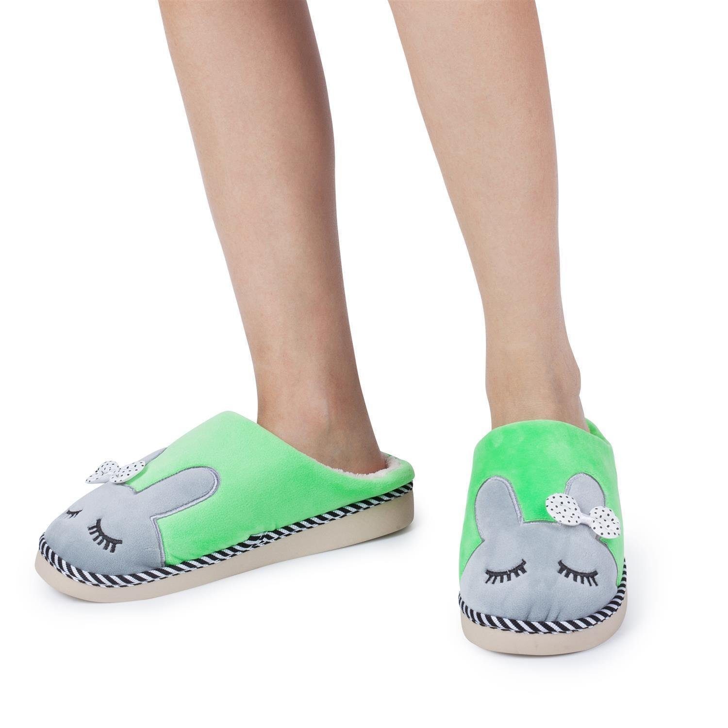 Katara Tier Pantoffeln Gr. 34-41 (Einhorn, Katze, Hase) Plüsch Hausschuhe Hausschuhe, weich, warm, süß, kuschelig, Plüsch Kaninchen (Grün)