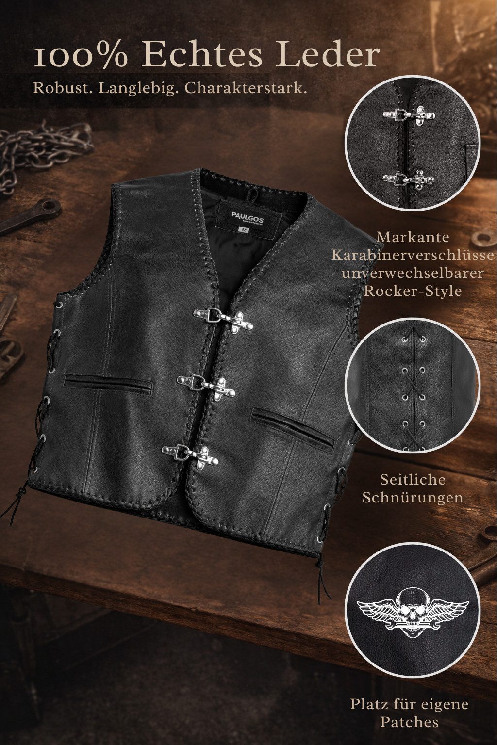 PAULGOS Motorradweste Lederweste Biker Kutte Clubweste Chopper Weste 100% E günstig online kaufen