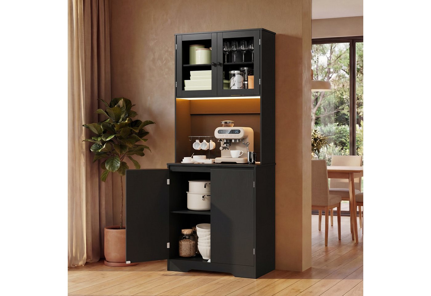 Bealife Buffet Küchenschrank mit Arbeitsplatte und 2 Schranktüren (Mit LED-Licht (farblich einstellbar) & Steckdose)