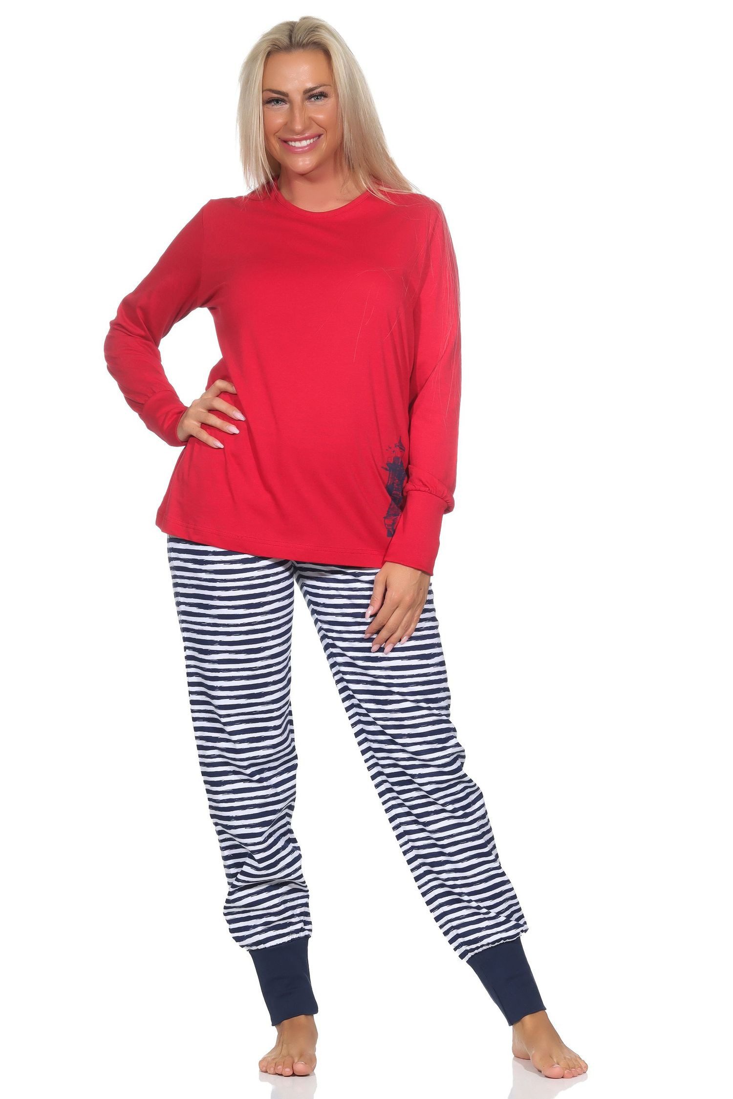 Pyjama Normann Damen Schlafanzug mit Bündchen in maritimer Optik
