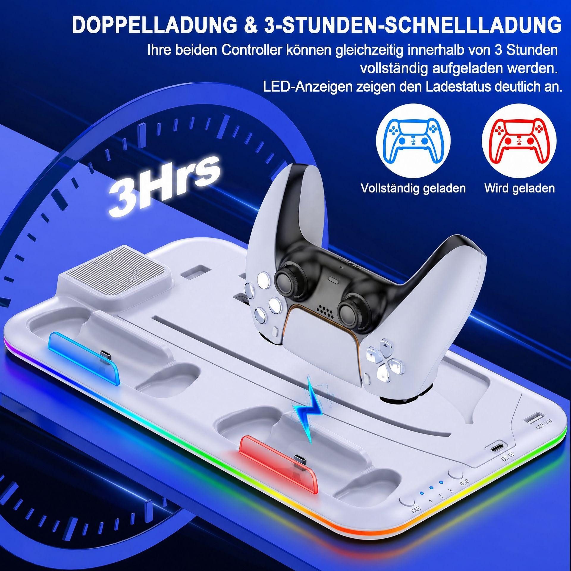 BBG PS5-Kühlständer für PS5, PS5 Slim und PS5 Pro,Disc und Digital Edition Ladestation (3-stufige Lüftersteuerung, 2 Controller-Ladeplätze, RGB-Beleuchtung, 15  – Bild 4 von 5