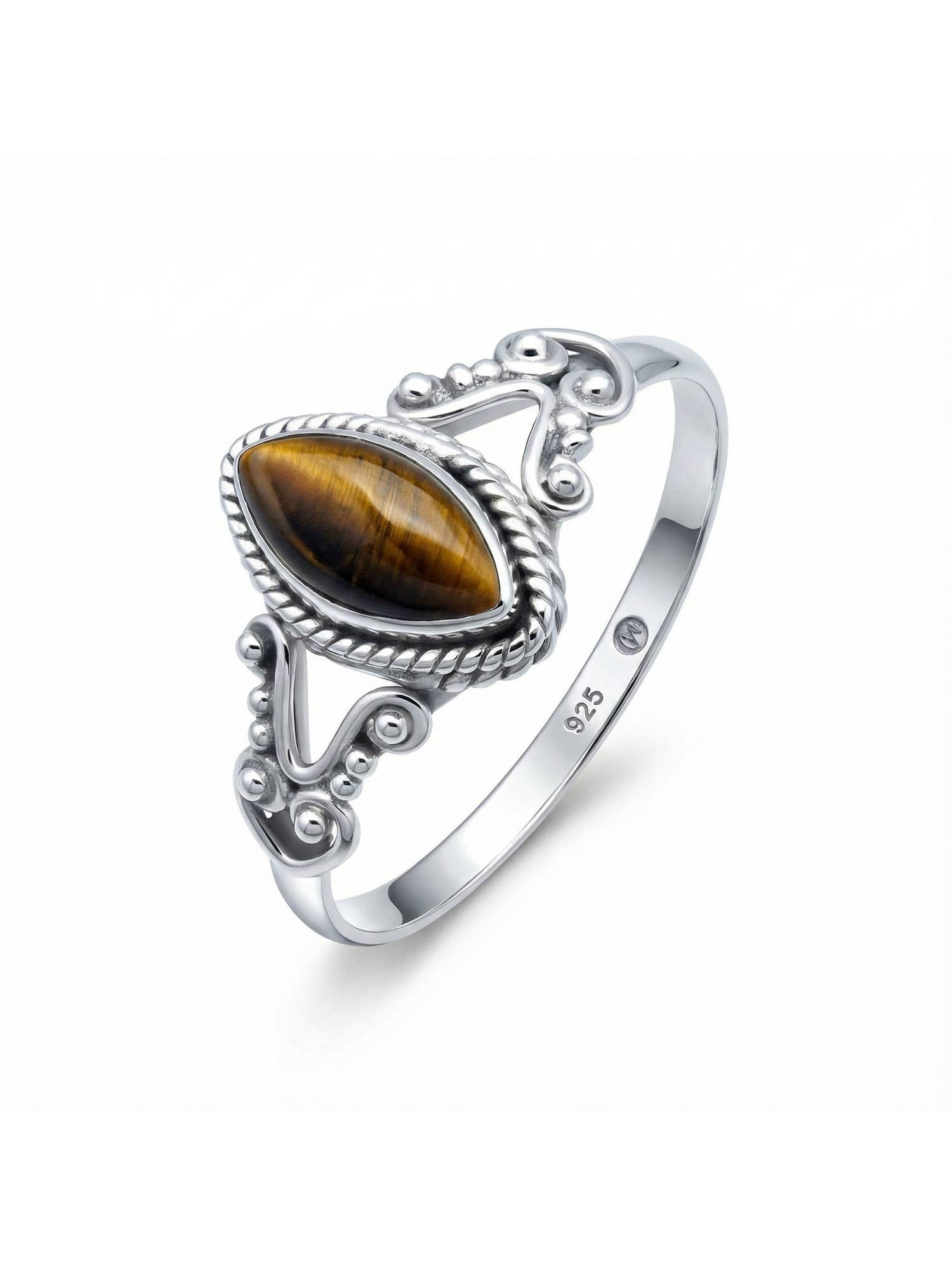mantraroma Silberring NOBALA aus 925 Silber mit Tigerauge (Ring mit Schmuckbeutel), Damenring aus 925er Silber