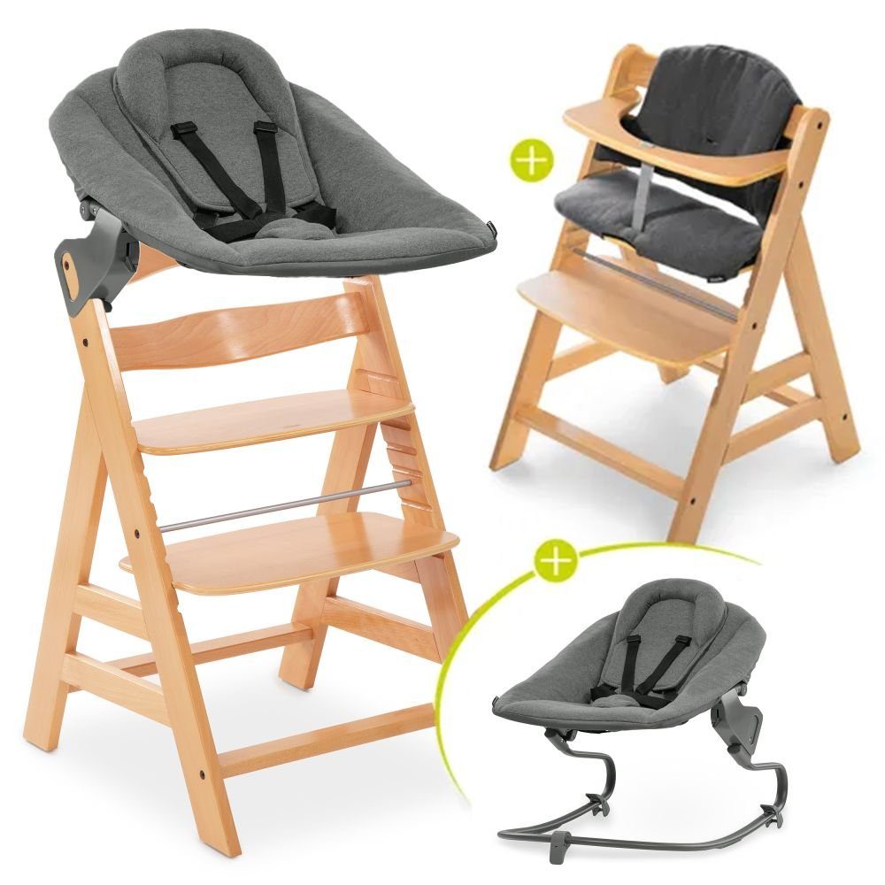 Babystuhl Geburt Set, Hauck inkl. Holz für Sitzauflage & Newborn Plus Aufsatz ab Natur Neugeborene Hochstuhl Alpha