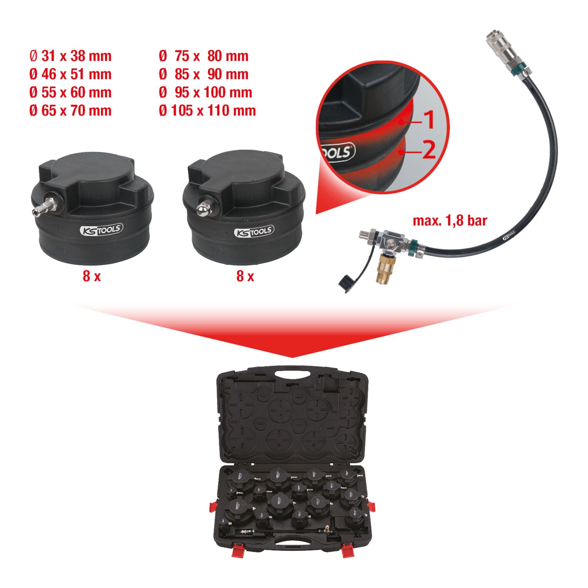 KS Tools Kompressor KS Tools Turbolader-Ladeluft-System-Prüfkoffer-Satz, 17-tlg.