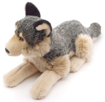 Uni-Toys Kuscheltier Grauwolf, liegend - 30 cm (Länge) - Plüsch-Wolf, Lupus - Plüschtier, zu 100 % recyceltes Füllmaterial
