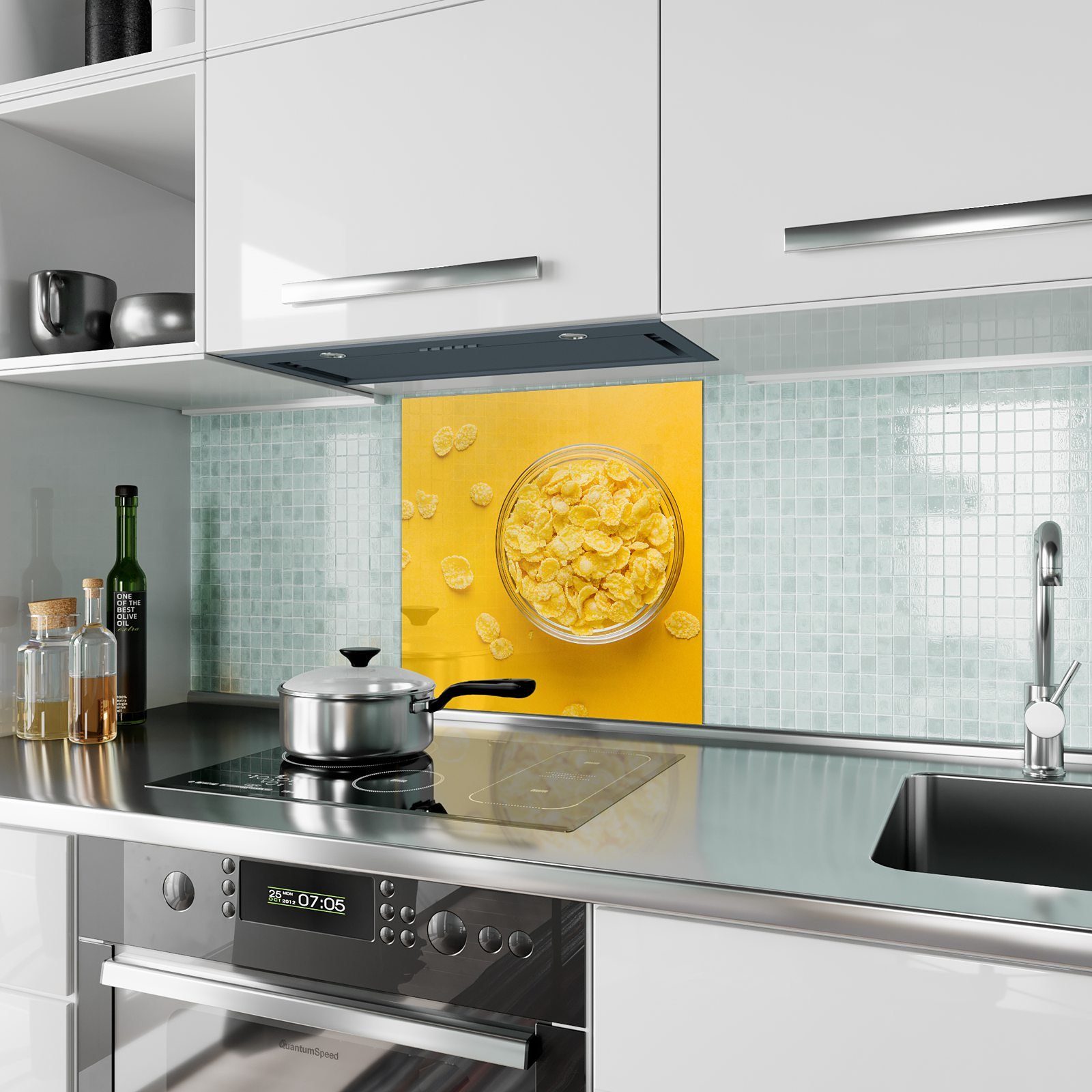 mit Gelbe Primedeco Küchenrückwand Küchenrückwand Spritzschutz Cerealien Motiv Glas