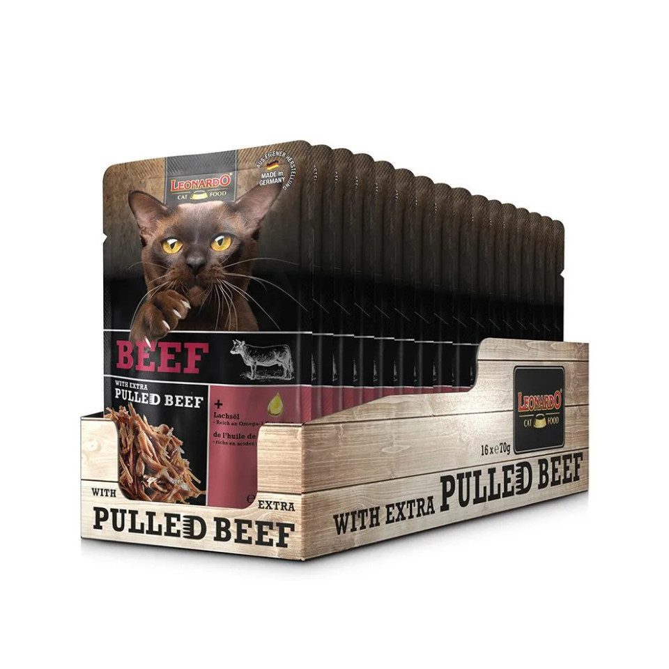 Leonardo Catfood Beef mit extra pulled Beef 16x70g, Nassfutter für: Katzen