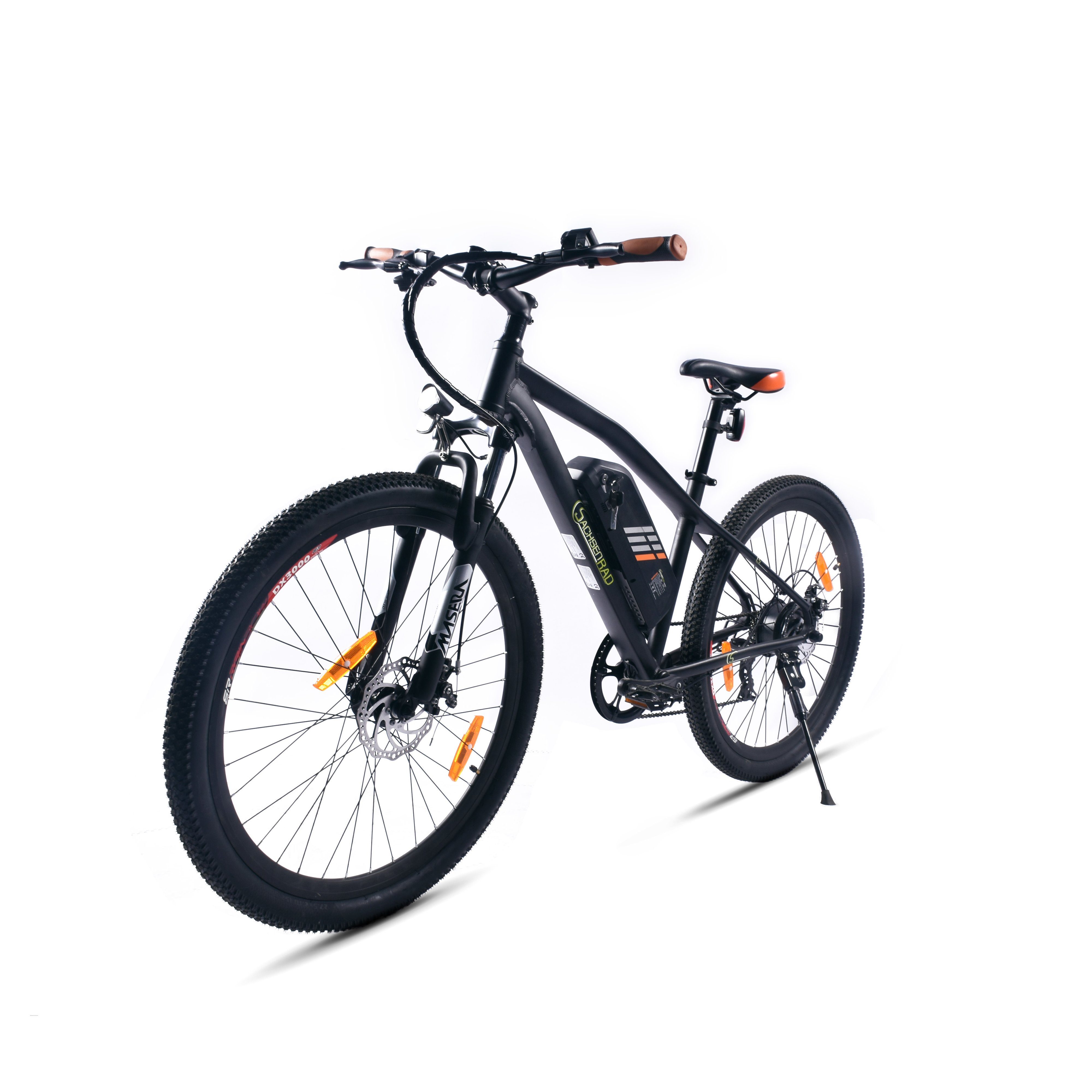 SachsenRad E-Bike E-Racing Bike, E-Bike, E-Mountainbike E-Bike R6 27,5 Zoll E-Mountainbikeca.150 KM Reichweite Schwarz-Orange, 7 Gang Shimano Tourney TX 7 Schaltwerk, Kettenschaltung, Hinterradmotor, (1 Stück), LCD-Display,LED-Front- und Rücklicht, StVZO konform