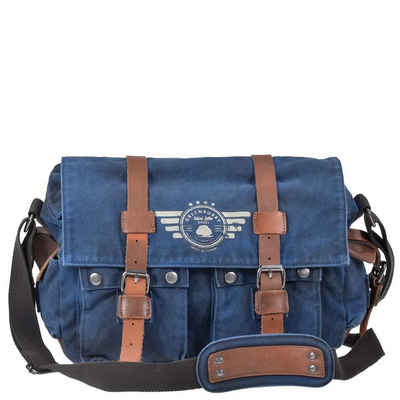 Greenburry Umhängetasche Aviator Blue Edition, used Look Canvas Lederbesatz, Schultertasche, Messenger Bag 42x27cm