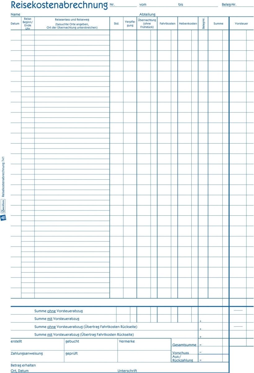 Avery Zweckform Formularblock Formularbuch Reisekostenabrechnung A4