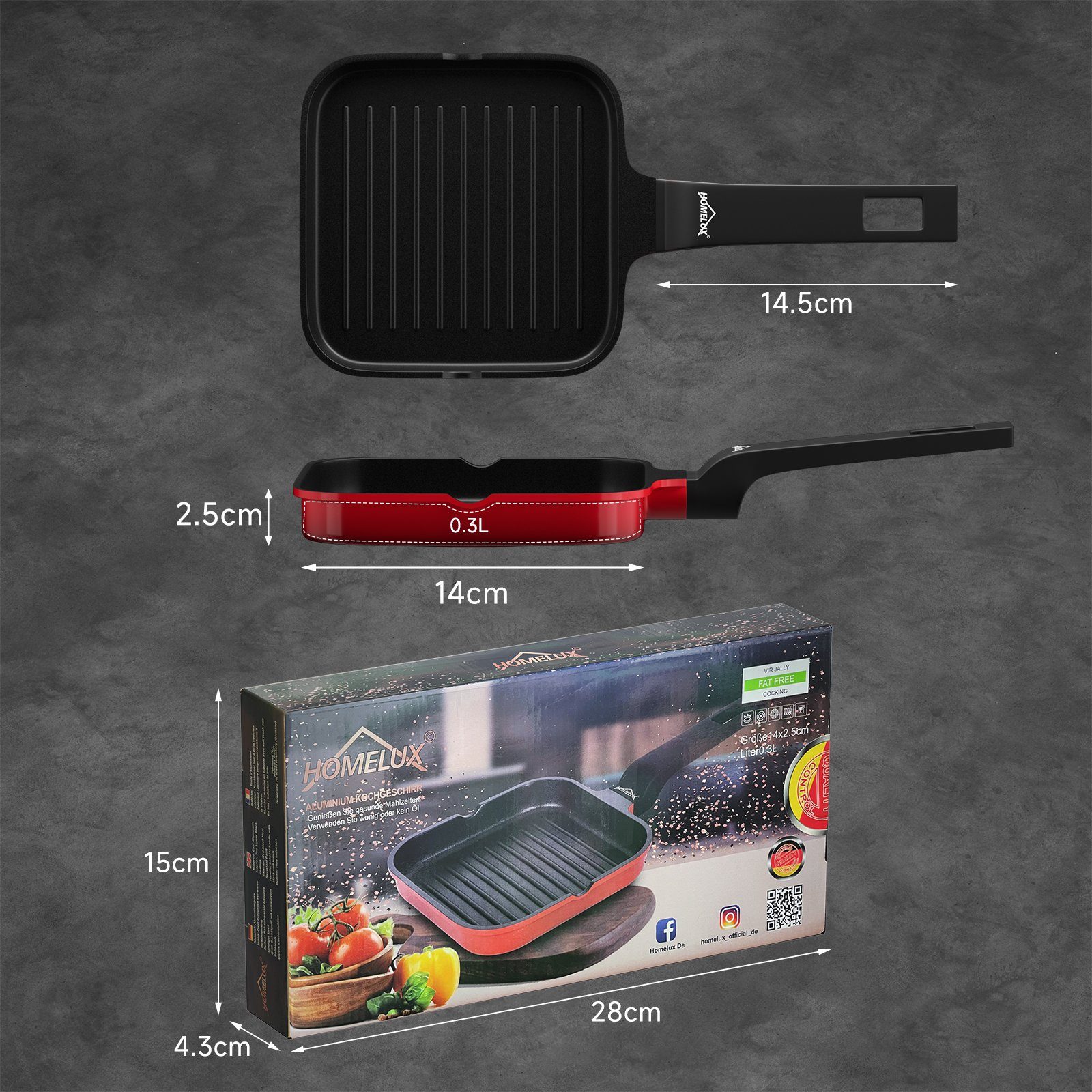 (Spülmaschinenfest, HOMELUX Grillpfanne cm Pan - Grillpfanne Backofenfest), mit 14 Antihaft induktionsgeeignet Beschichtung, Aluminium Griddle