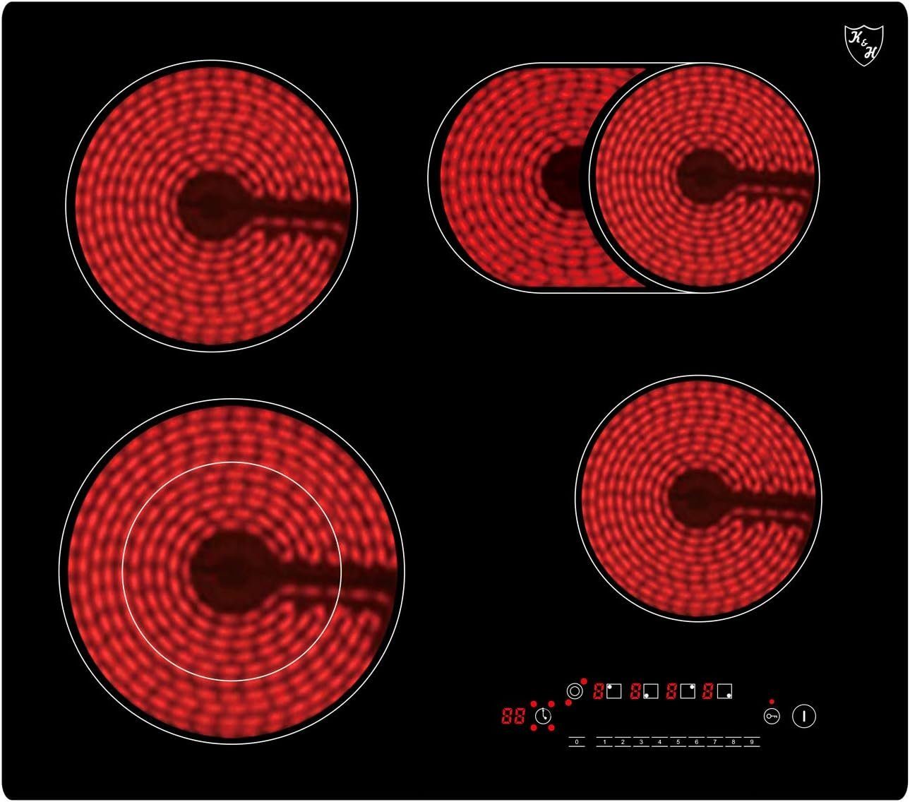 K&H Elektro-Kochfeld K&H® 4 Zonen Glaskeramikkochfeld 59cm Elektro Autark Eingebaut NC-7206, Einbaufähig und Autark