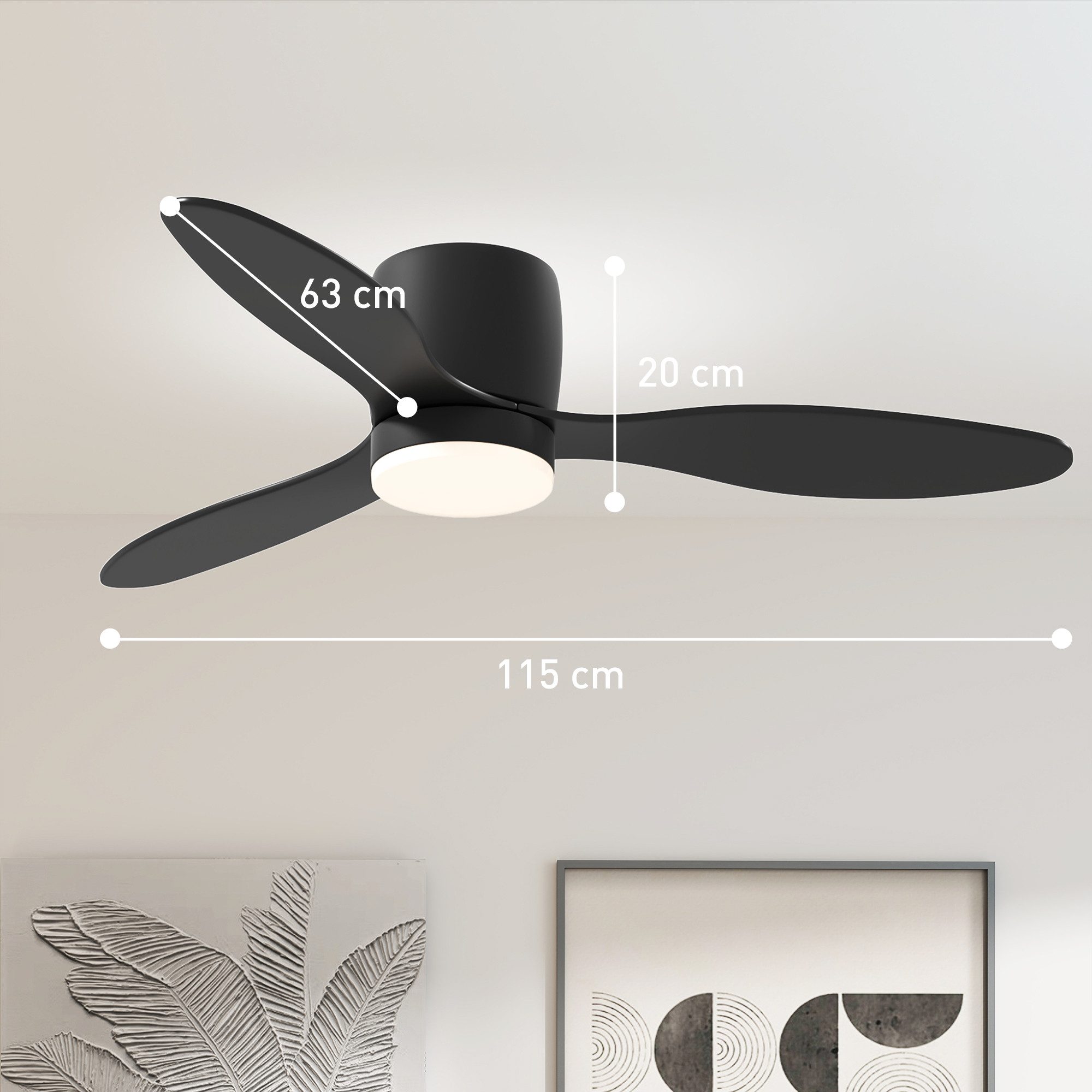 HOMCOM Deckenventilator Ventilator mit LED Lampe, Umkehrbarer DC Motor, 3 Flügeln, 19 cm Durchmesser, Deckenventilator für Schlafzimmer