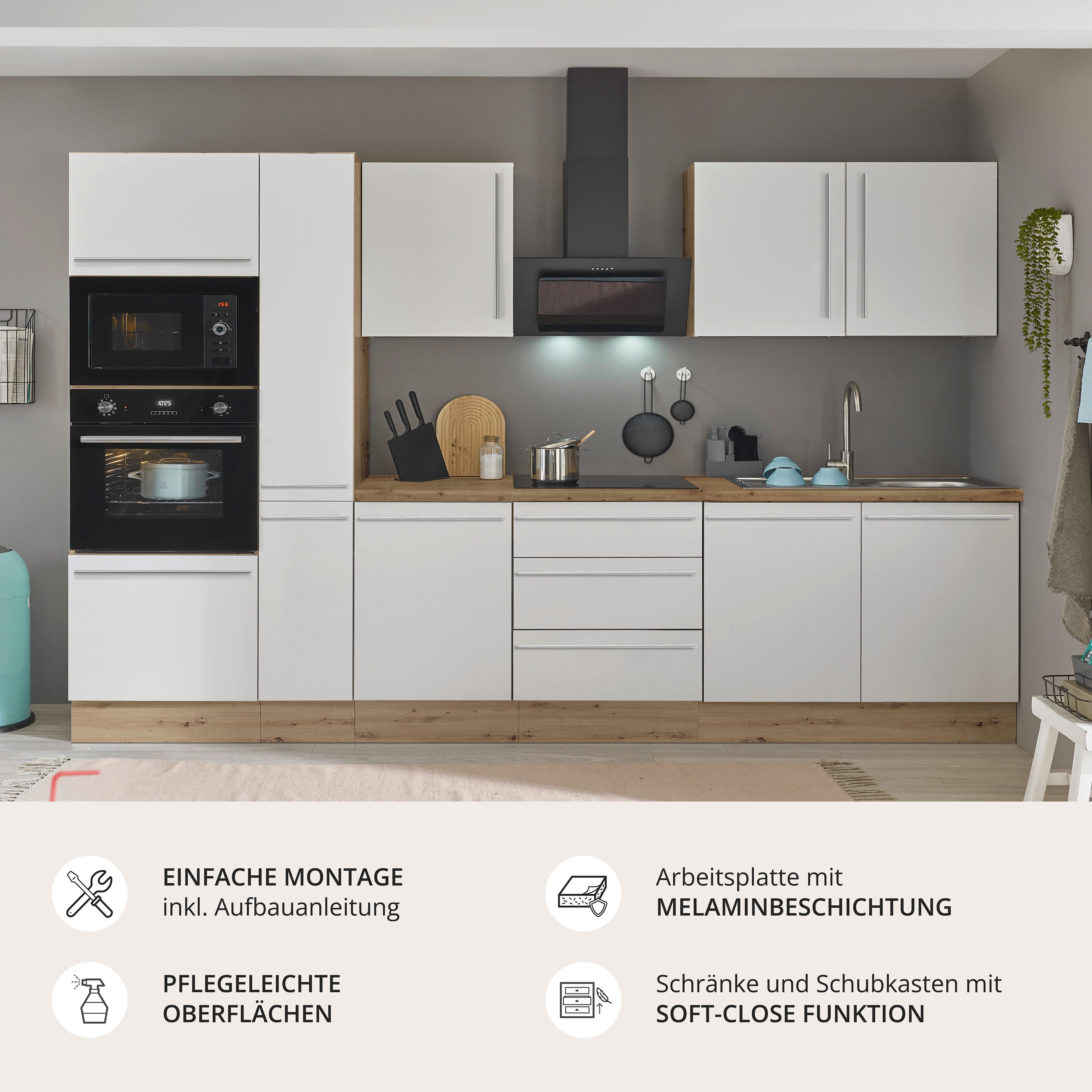 KOCHSTATION Küchenzeile Florida, Breite 300 cm, wahlweise mit E-Geräten,Softclose für Türen/Schubkästen