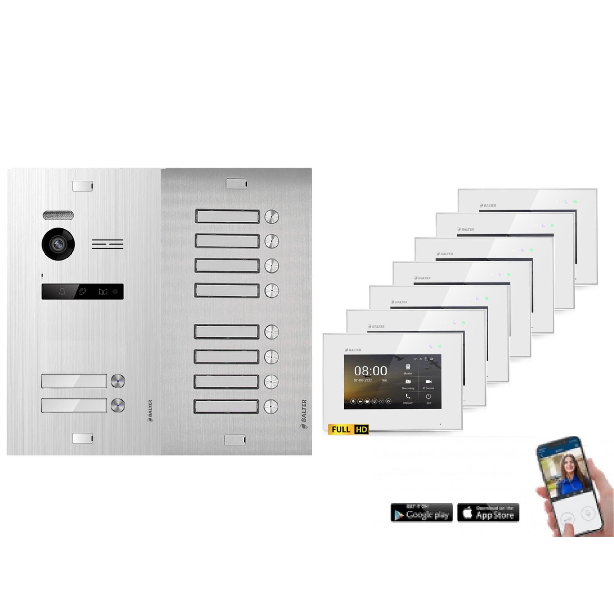 Balter Video-Türsprechanlage BALTER HD WLAN Türsprechanlage EVO 10-Familienhaus Silber Weiß (Set, 10-Familienhaus, Komplettset, Full HD 175° Kamera, App-Steuerung)