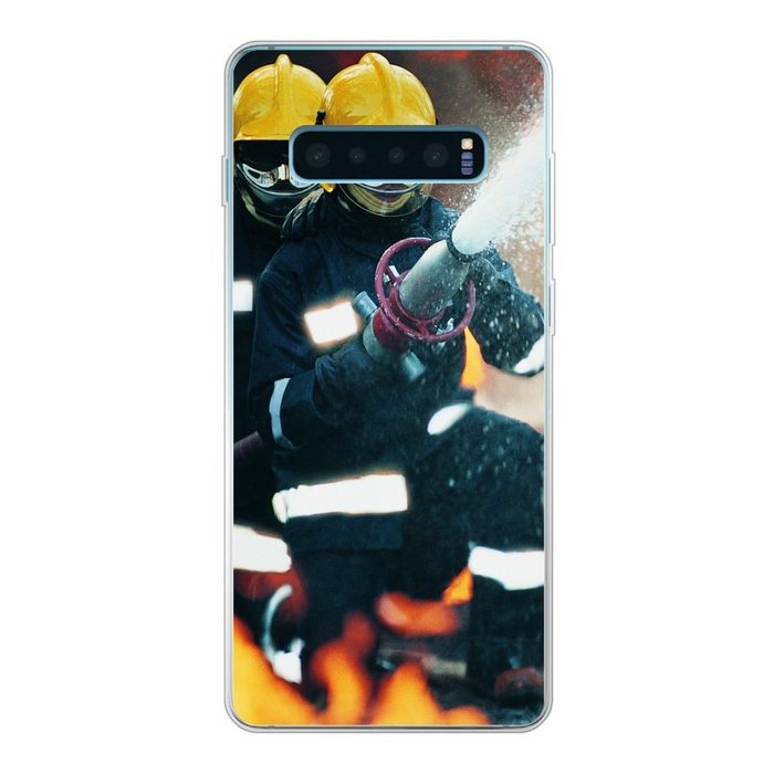 MuchoWow Handyhülle Feuerwehrleute halten Wasserschlauch Phone Case Handyhülle Samsung Galaxy S10 Lite Silikon Schutzhülle