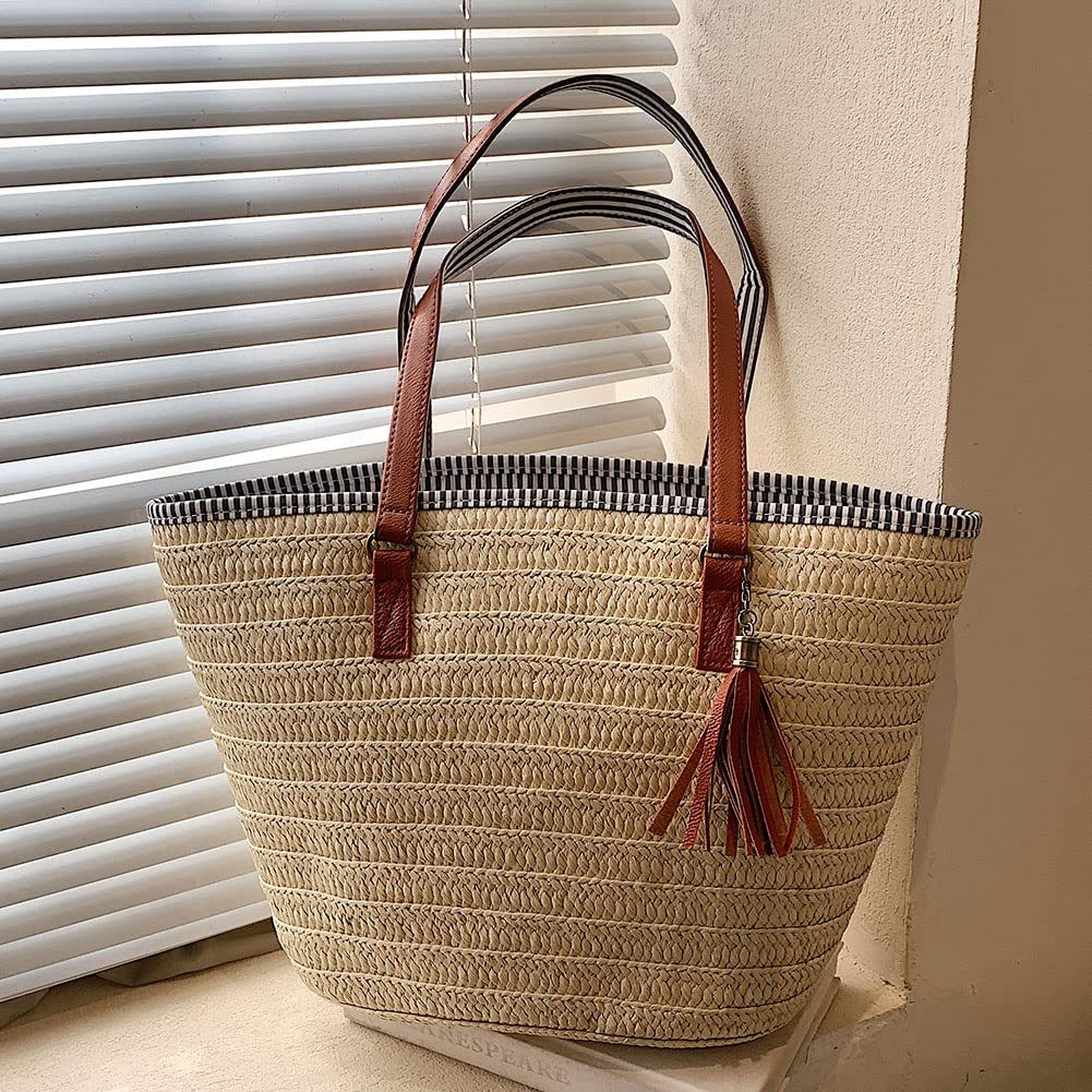 Zaewry Strandtasche Stroh Strand Schultertasche Tasche,Damen Sommer Böhmische Handtasche, für Reisen Strand Reise Schule Arbeit Einkaufen – Bild 4 von 5
