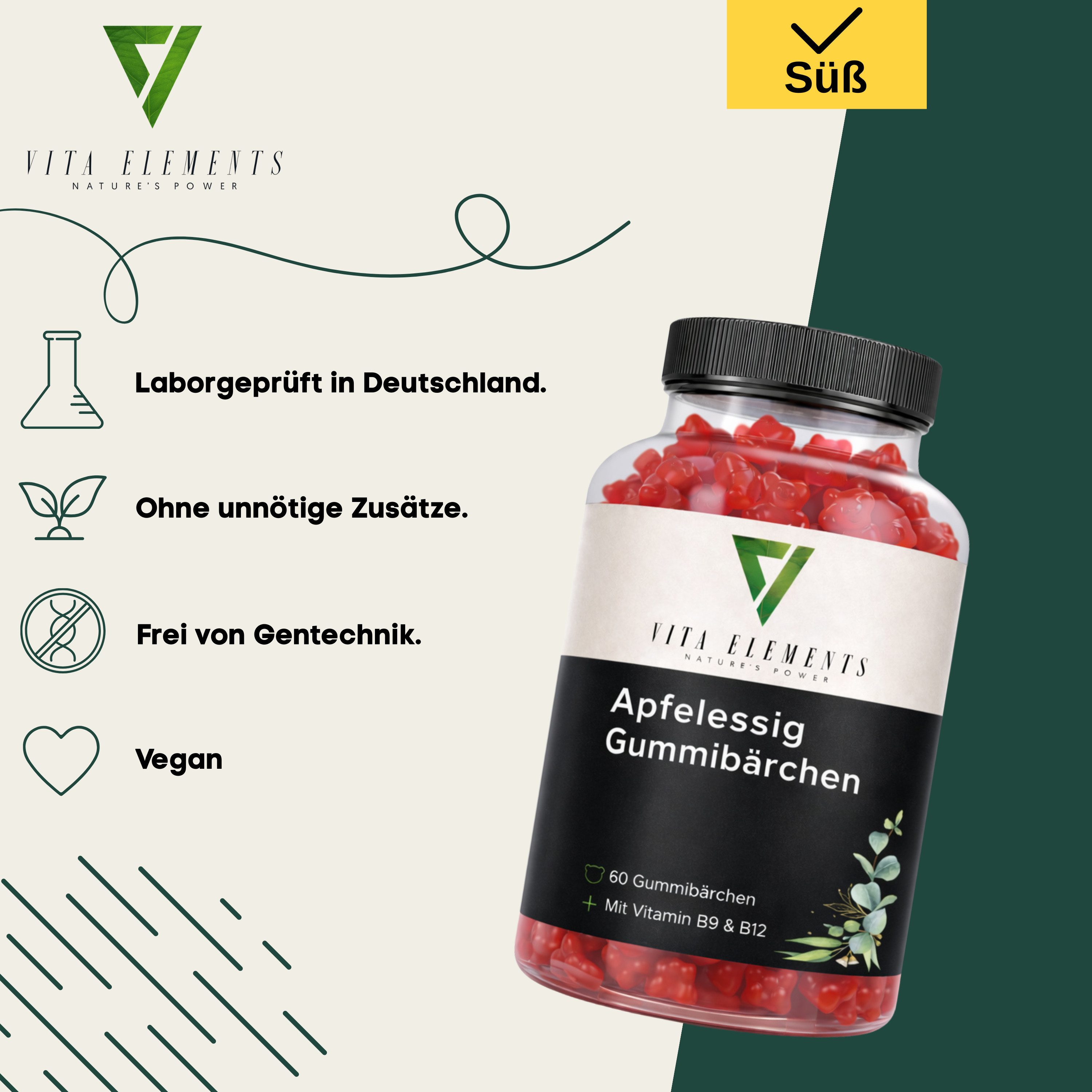Vita Elements Apfelessig Gummibärchen, 60 St., Vegan ohne Gentechnik und Laborgeprüft in Deutschland Gummies