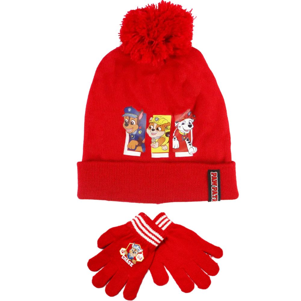 PAW PATROL Bommelmütze Paw Patrol Chase Kinder Herbst Winter Set Mütze Перчатки Gr. 52 bis 54