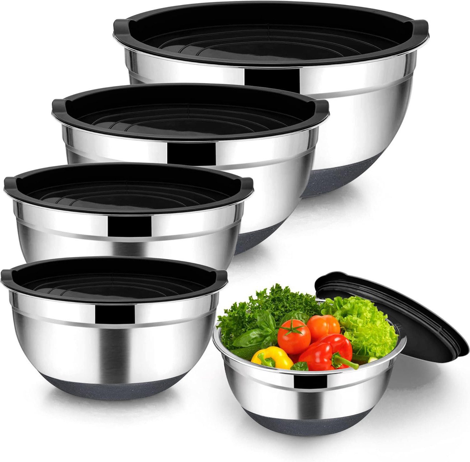 Salatschüssel Set mit 3 Edelstahl-Rührschüsseln, Salatschüsseln mit Deckel