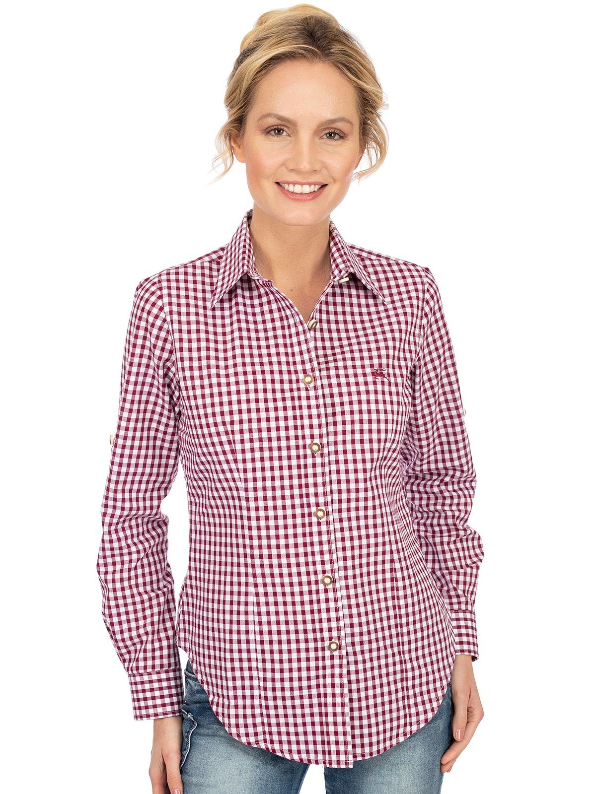 OS-Trachten Trachtenbluse Bluse Langarm CHECKERED bordeaux