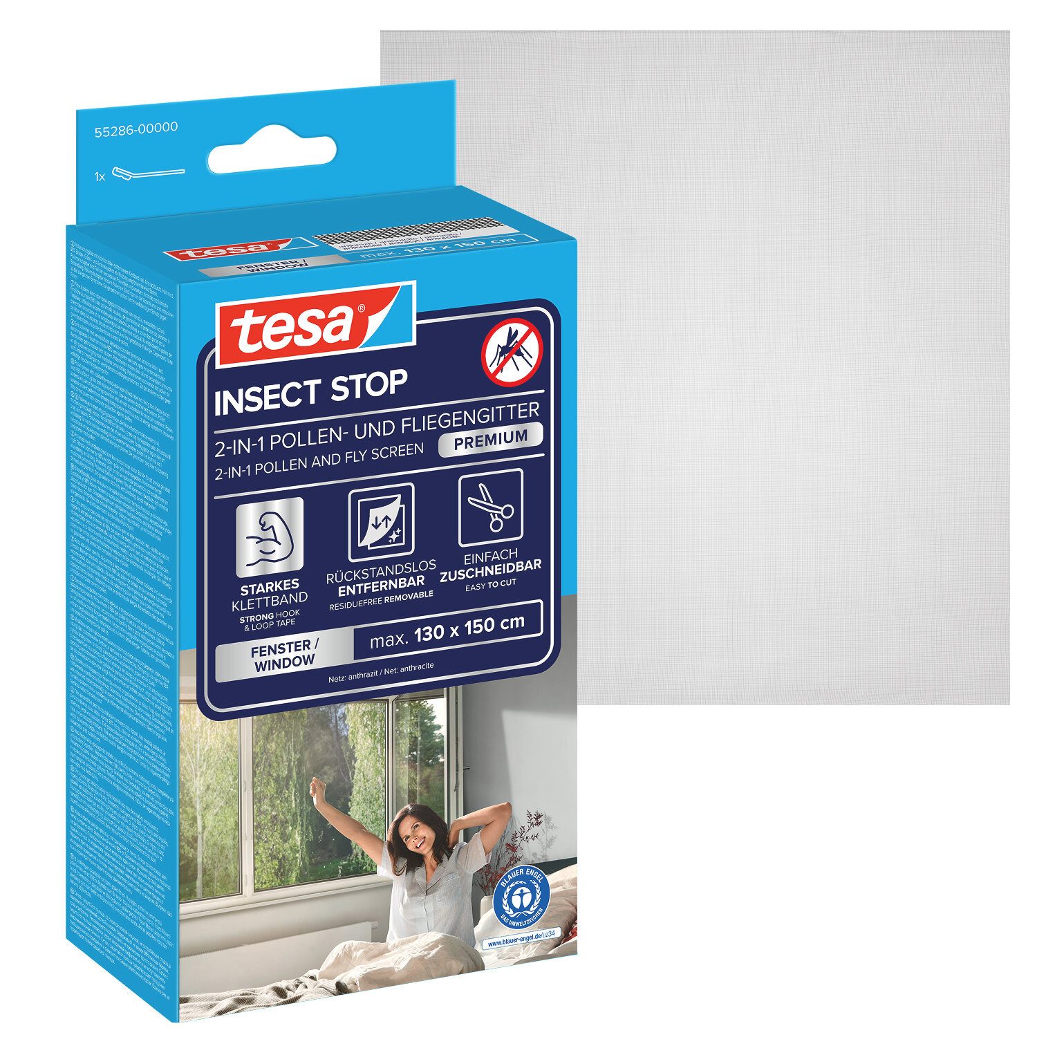 tesa Pollenschutzgitter, (Komplett-Set, 1-St., INSECT STOP, selbstklebendem Klettband - Anthrazit - 130 cm x 150 cm), zuschneidbarer, transparenter Pollenschutz für Allergiker