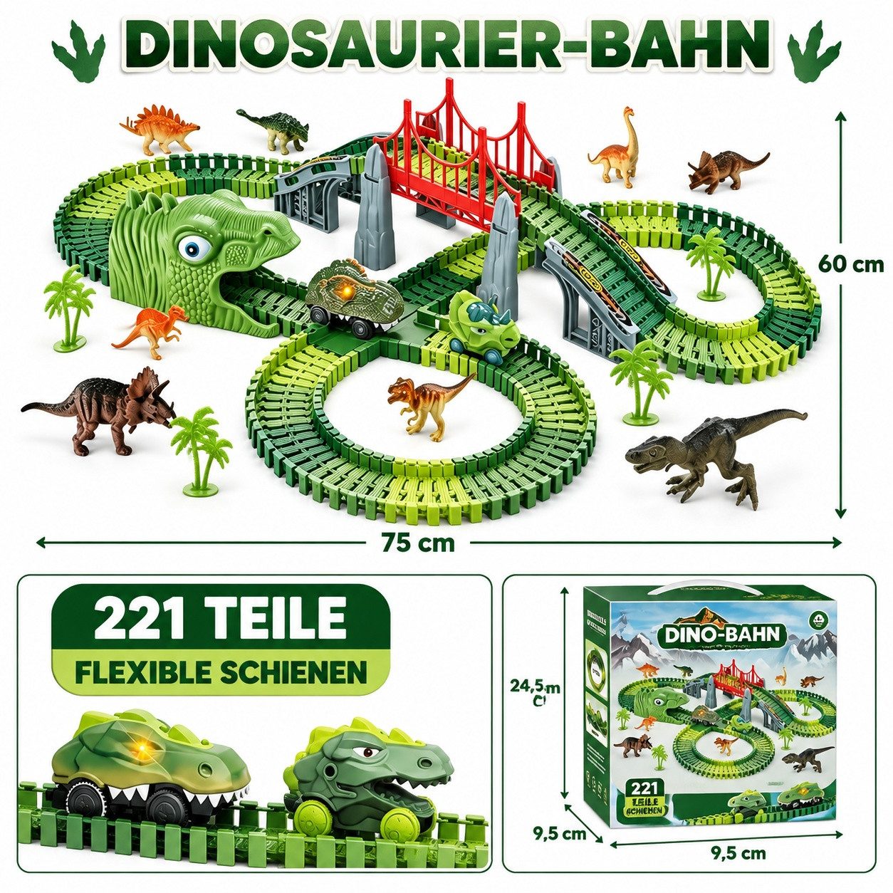 Fofile Autorennbahn Autorennbahn Dinosaurier Rennbahn 360 cm – flexibles Spielset, Kreatives Dinosaurier-Spielset mit Kurven, Tunnel und Spielzeugauto