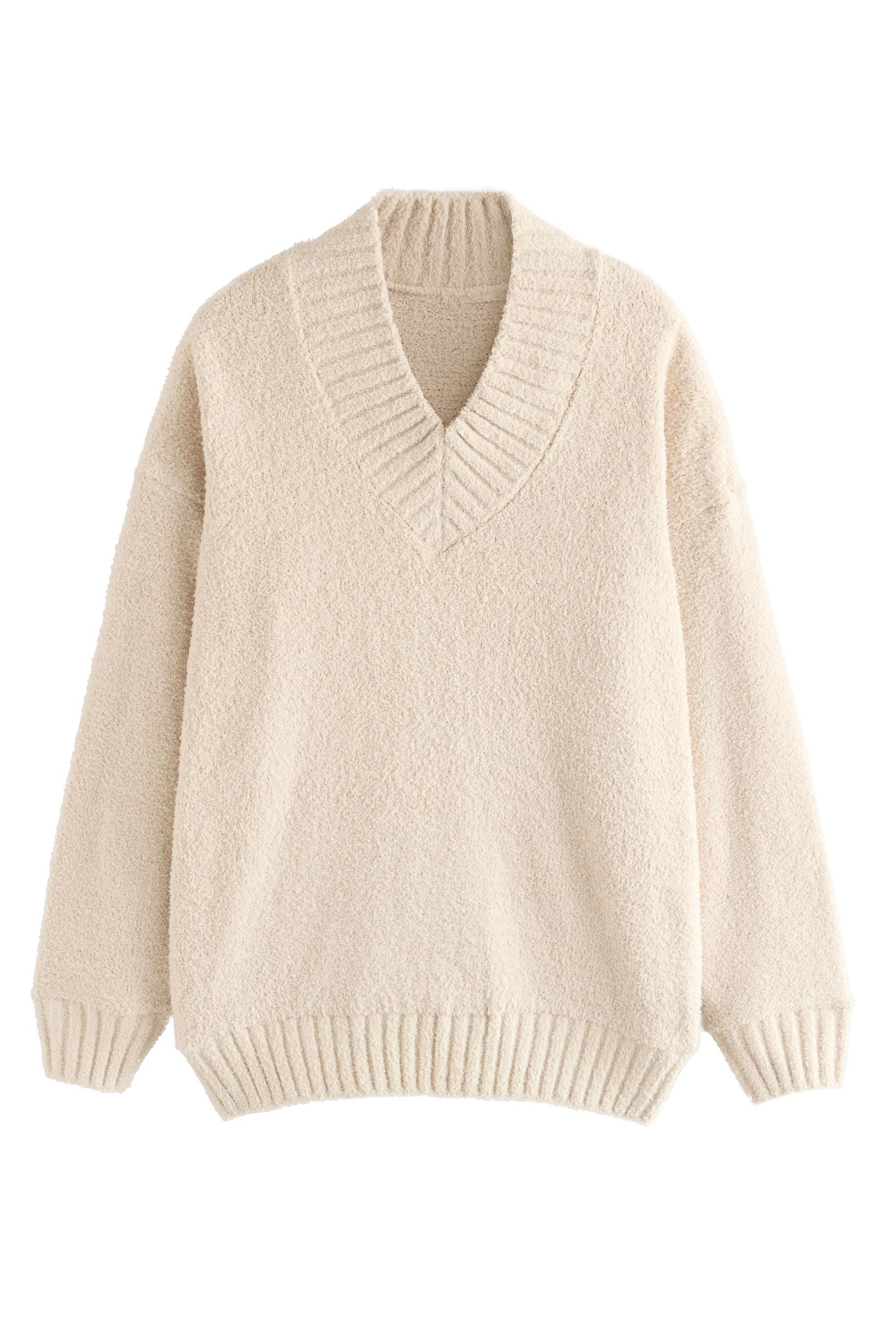 Strickpullover Flauschiges Teddy-Sweatshirt mit V-Ausschnitt