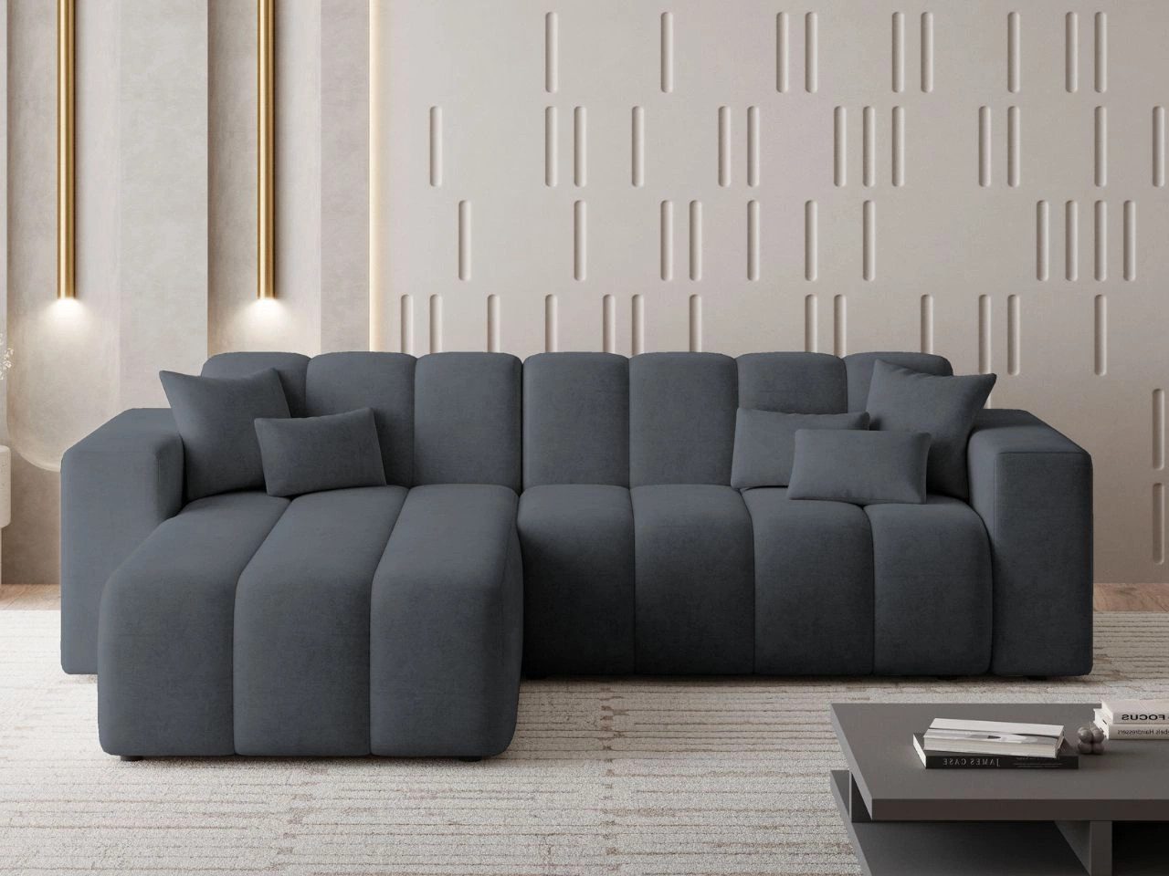 GrainGold Ecksofa L-Form NORK - 265x180 cm, Dunkelgrau, Links, Polyurethanschaum, Wellfedern