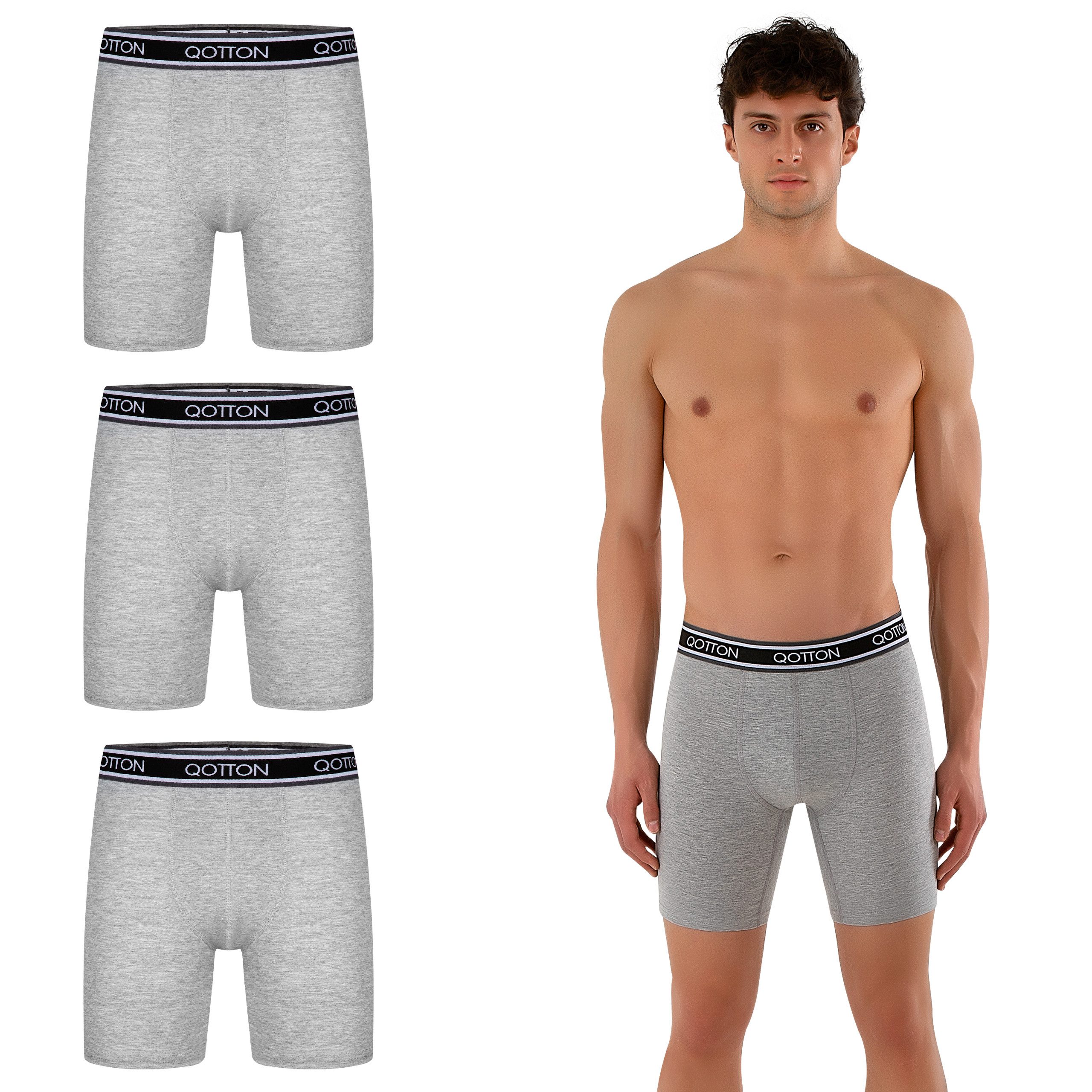 Qotton Boxershorts Lange Boxershorts im 3er Pack – Lange Unterhosen aus Baumwolle Grau Lange Boxershorts