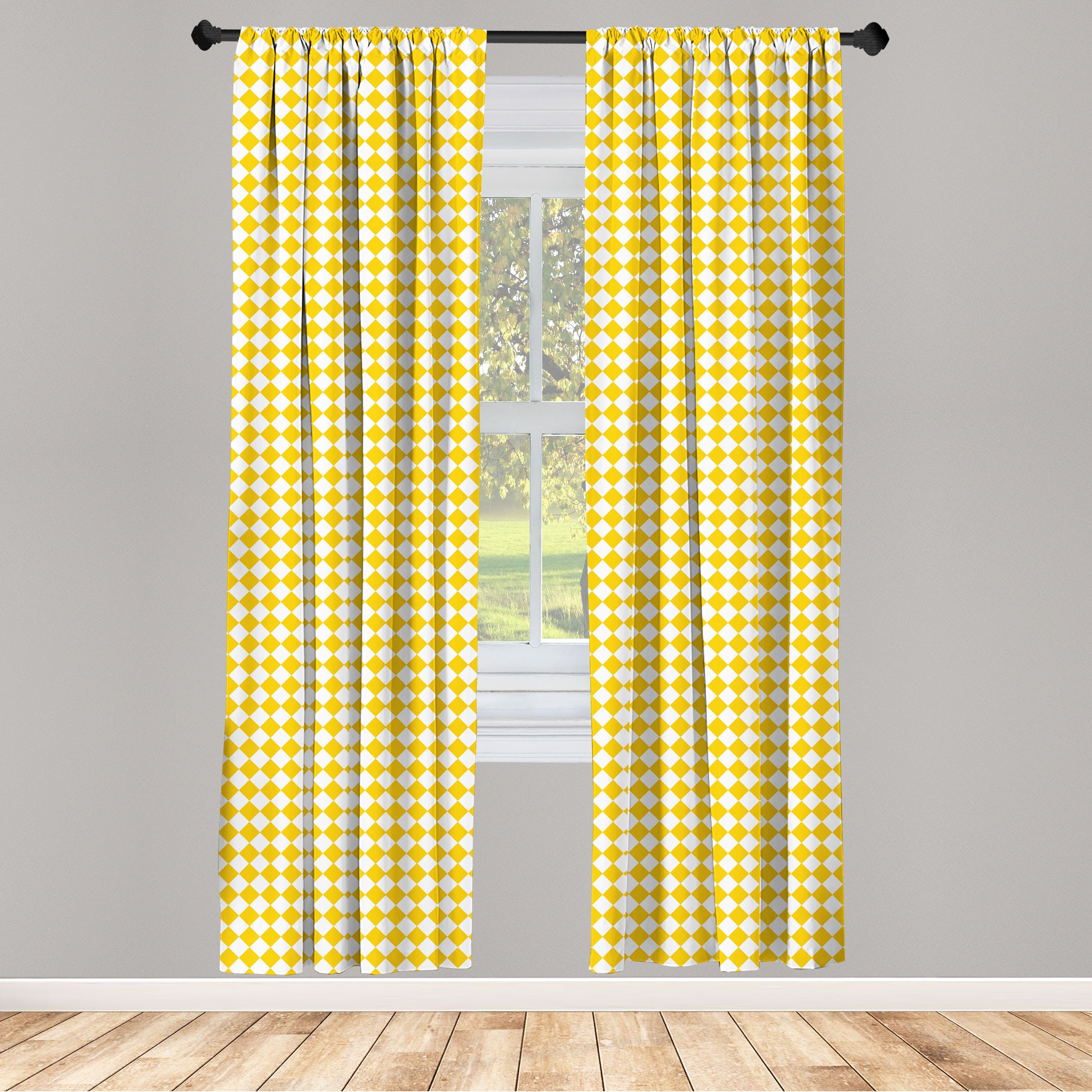 Gitter Weiß Vorhang Microfaser, für Schlafzimmer Gardine Wohnzimmer Gelb Dekor, Abakuhaus, Checkered und
