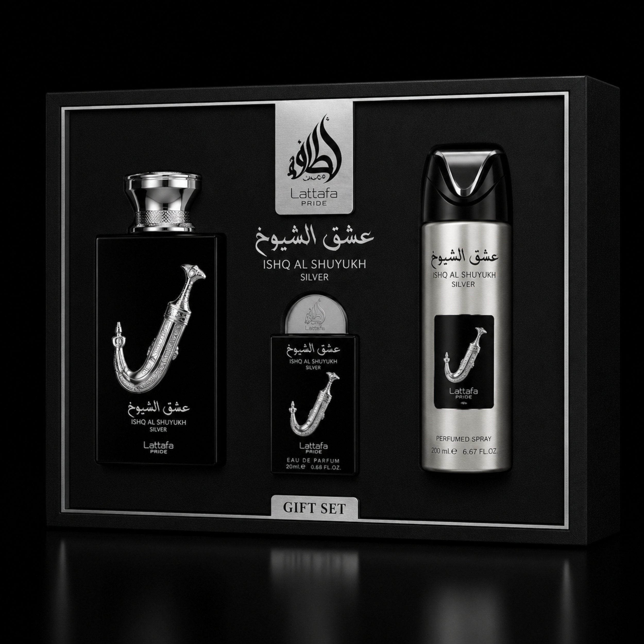 Lattafa Duft-Set Pride Ishq Al Shuyukh Silver Eau de Parfum Giftset, 3-tlg., Eau de Parfum, Duft-Set, 320 ml Gesamtinhalt, flüssiger Duft