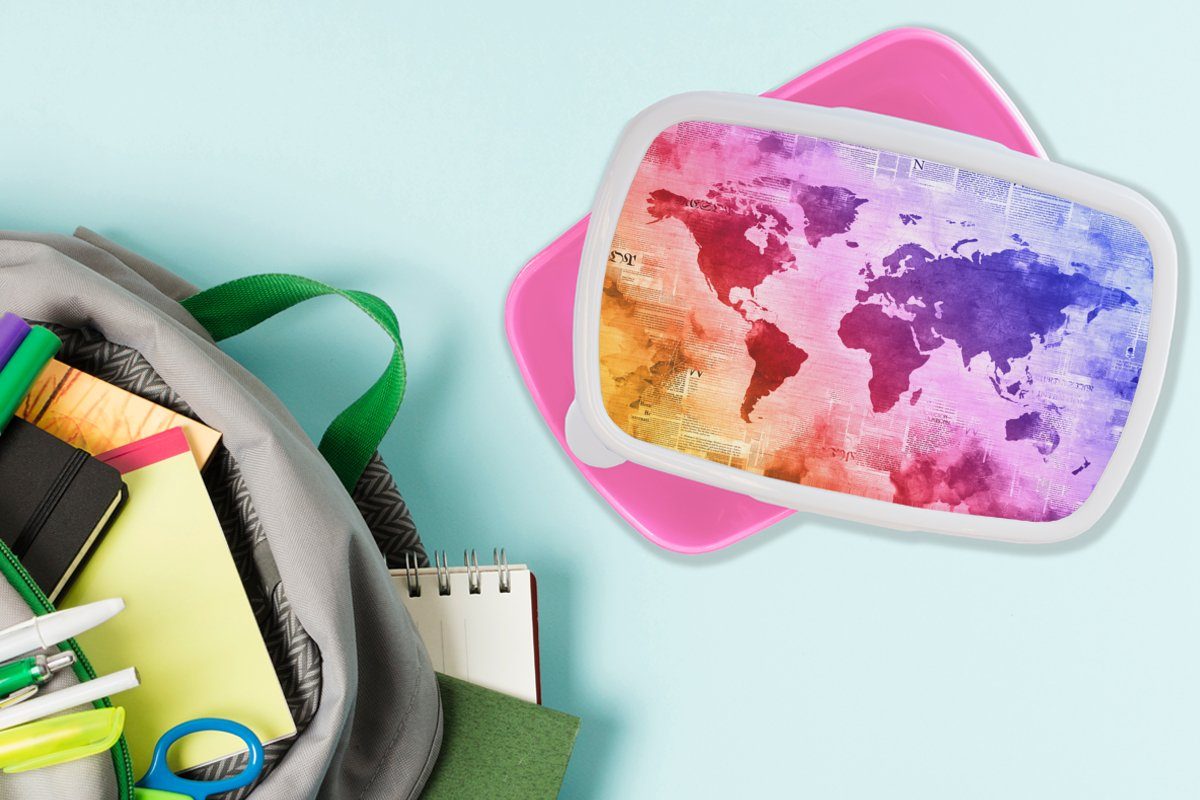 Brotdose Brotbox MuchoWow Kunststoff, - Kinder, Snackbox, Aquarell Regenbogen, Kunststoff rosa für (2-tlg), Lunchbox - Erwachsene, Weltkarte Mädchen,