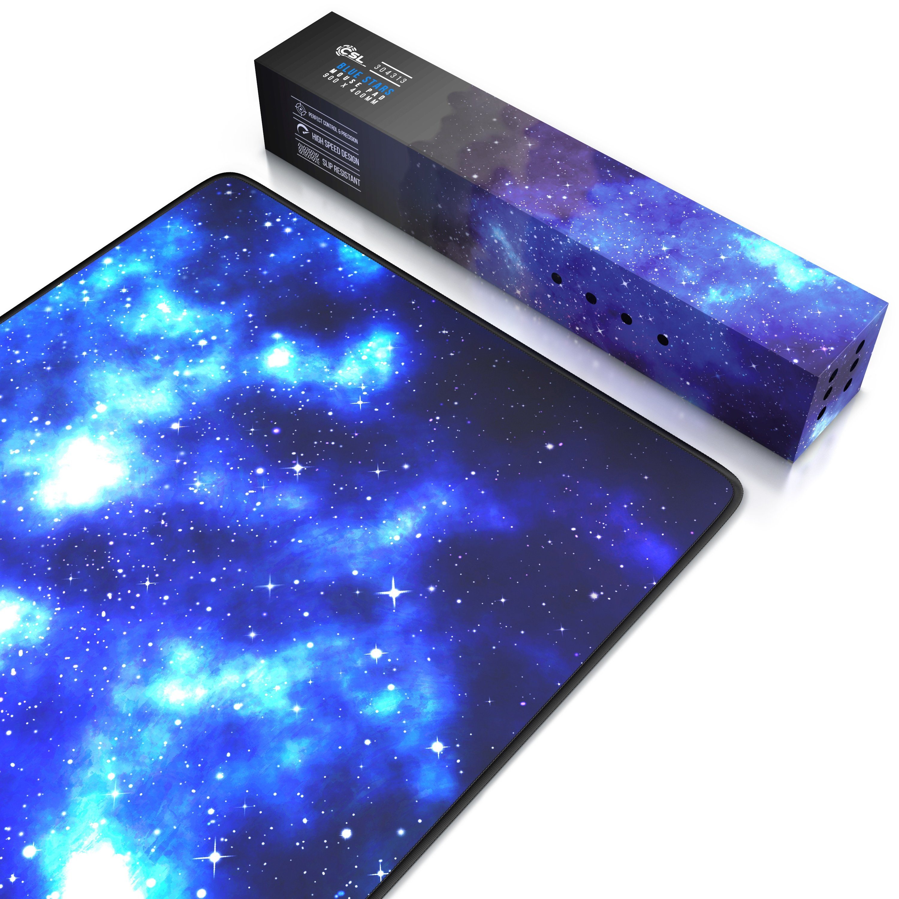 CSL Gaming Mauspad XXL Speed Mousepad 900 x 400 x 3 mm, große Tischunterlage, rutschfest, abwaschbar, Geschwindigkeit & Präzision, Blaue Sterne