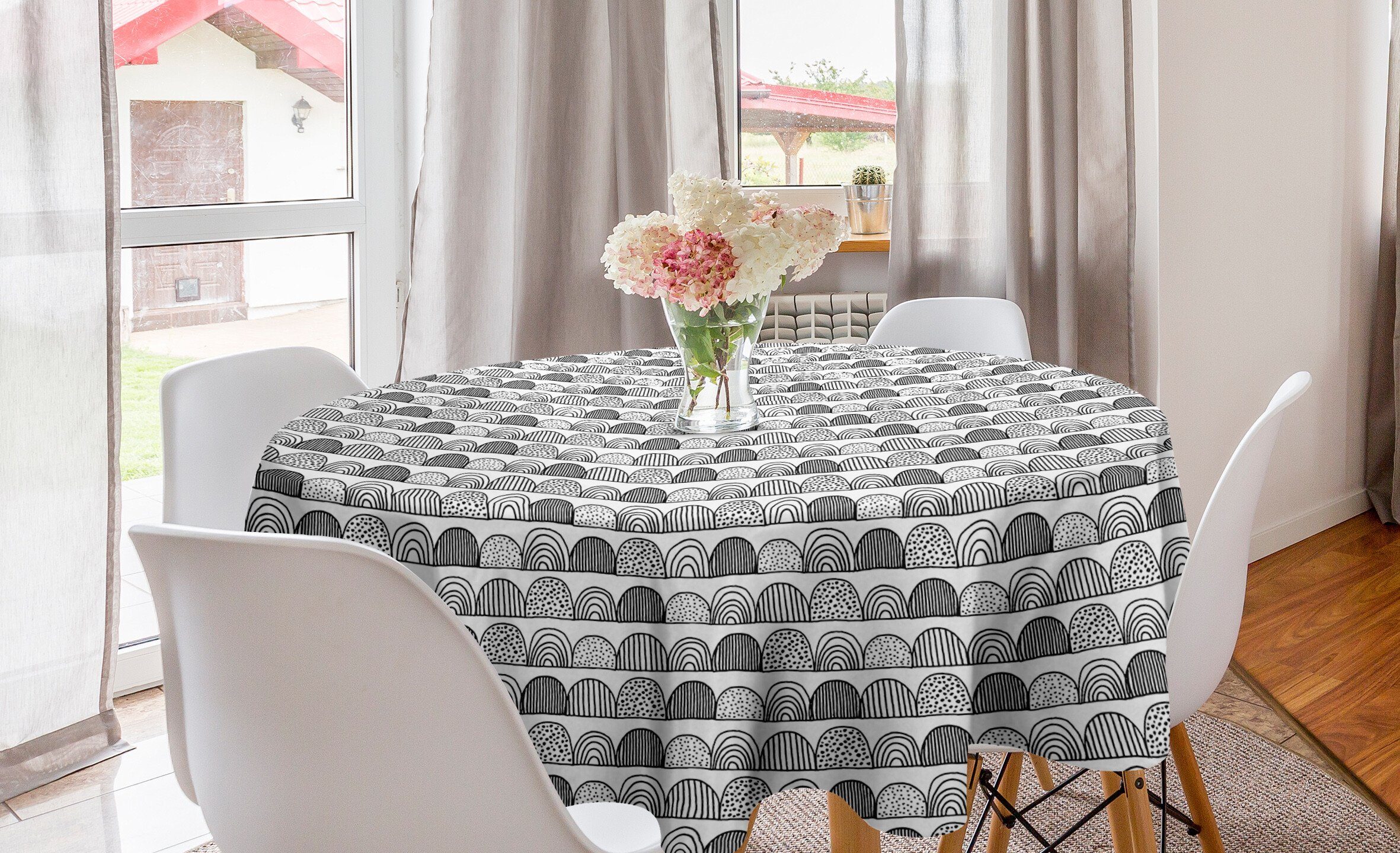 Abakuhaus Tischdecke Kreis Tischdecke Abdeckung für Esszimmer Küche Dekoration, Geometrisch Die Hälfte Kreise Streifen Punkte