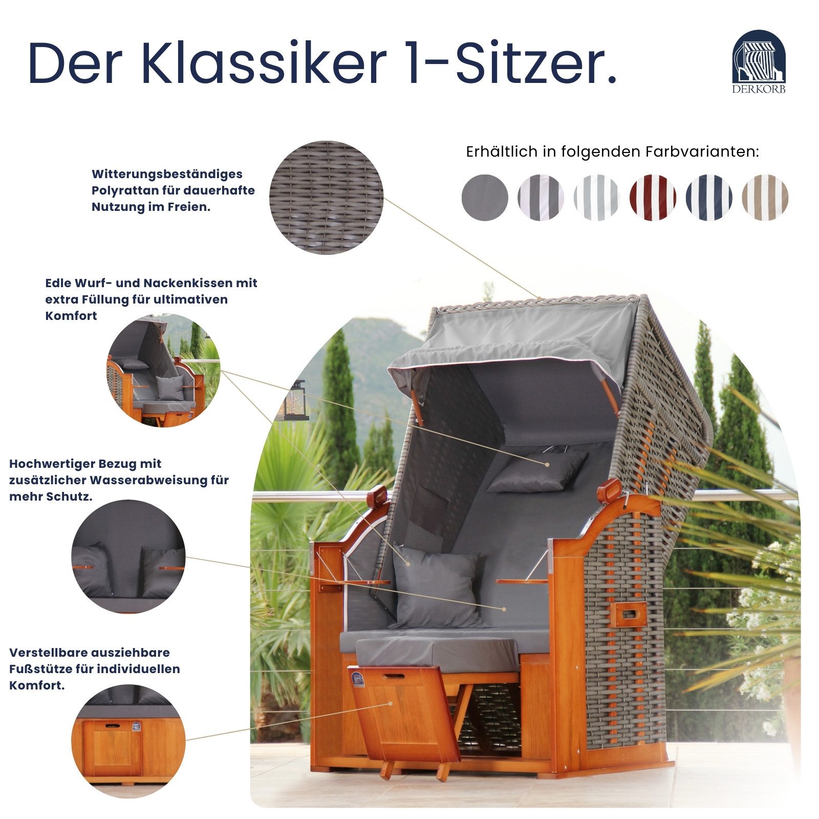 DERKORB Strandkorb Der Klassiker - 1-Sitzer, BxTxH: 100x78x166 cm, Volllieger, Ostsee-Modell DER KLASSIKER, 1-Sitzer Single, Wurf und Nackenkissen, 4 montierte Strandkorbrollen