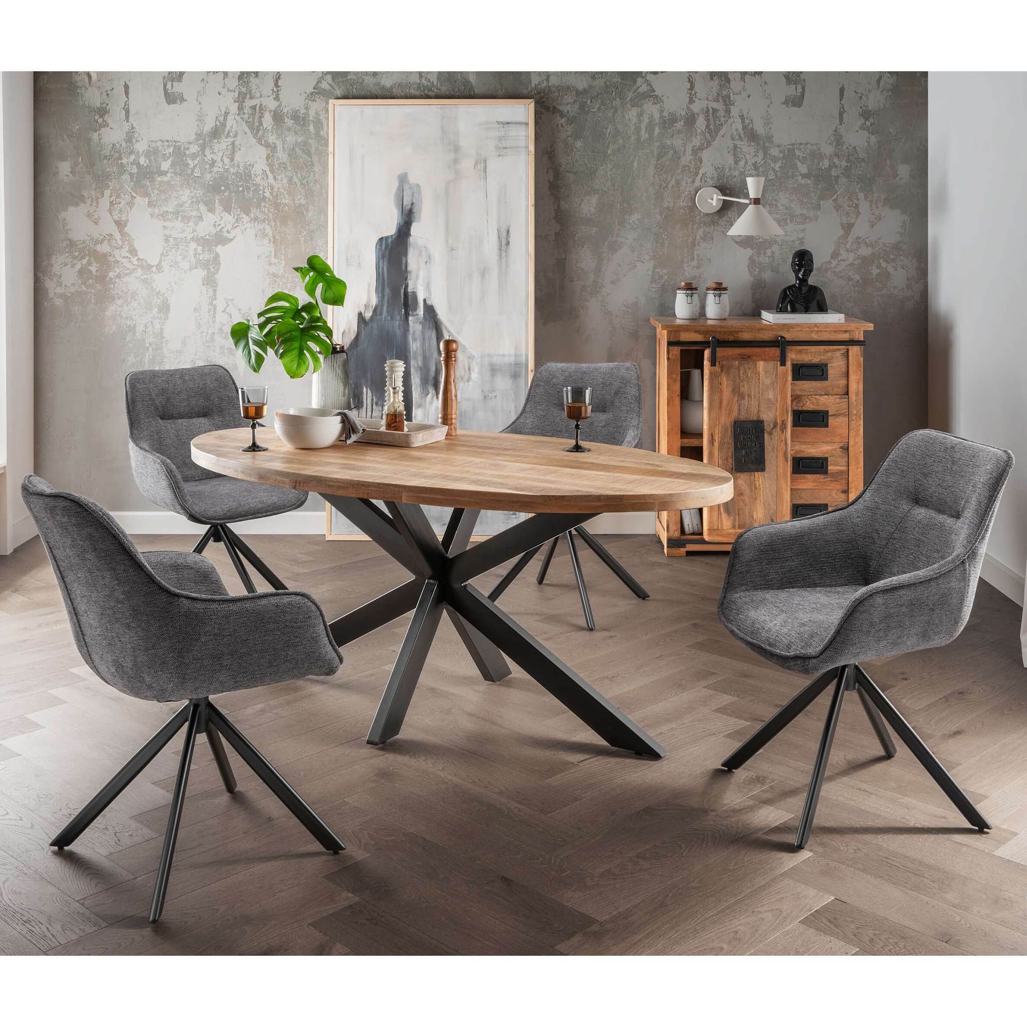 bene living Esszimmer-Set Massivholztisch Avola oval, 4er Set Diningsessel San Carlo dunkelgrau, (Indoor-Möbelset, 5-St), massive Mangoholz-Tischplatte - drehbare Diningsessel