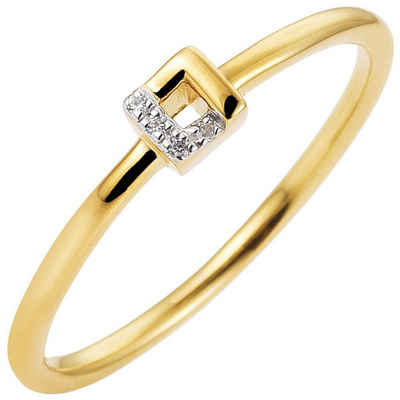 Schmuck Krone Diamantring Ring, Quadrat 4 Diamanten Brillanten, 585 Gelbgold, Gold 585