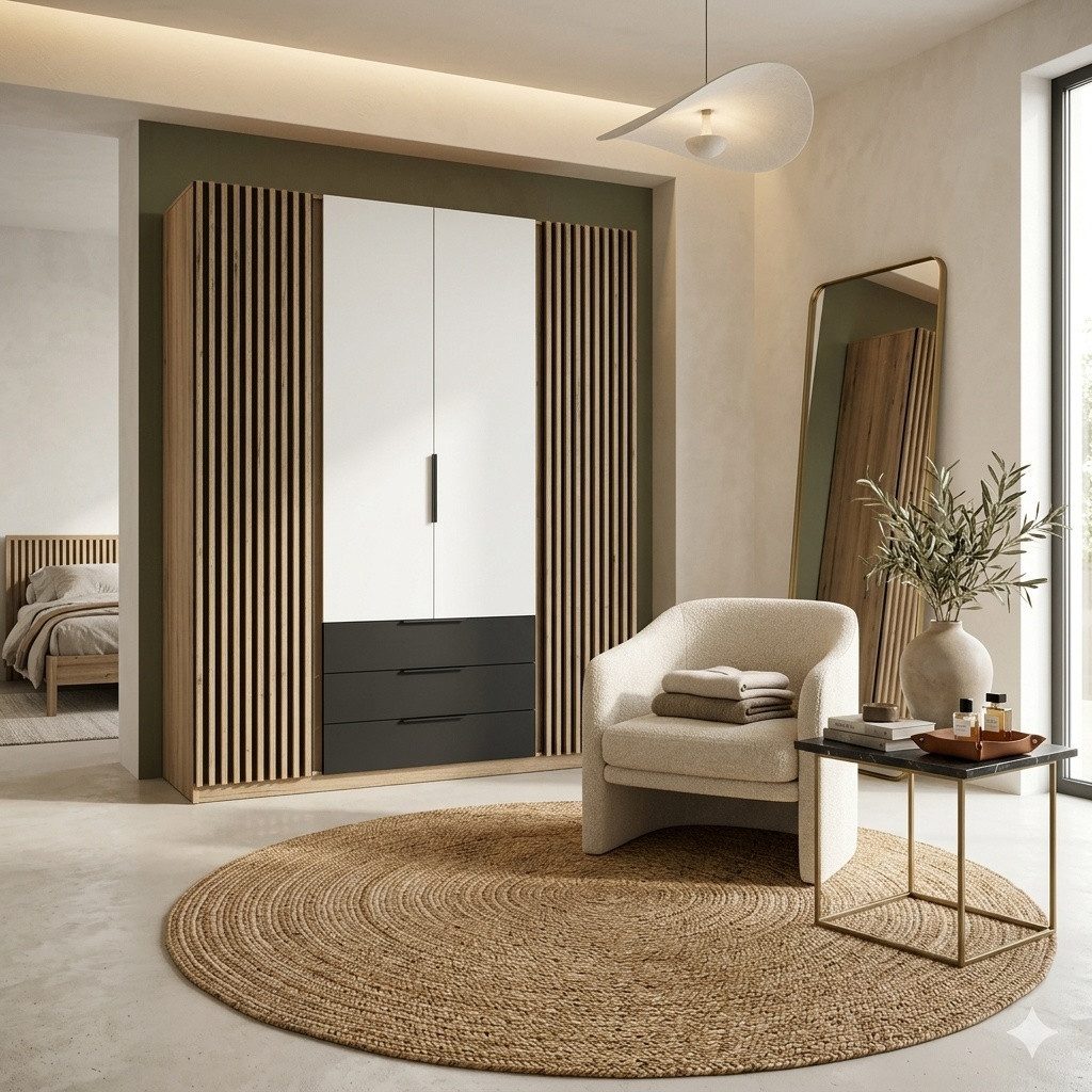 COMBO Drehtürenschrank 200x239cm 4 Spiegeltüren Schwarz Wotan Eiche Schlafzimmer (4 Drehtüren mit Spiegel Kleiderstangen Regalböden) Spiegeltüren Schwarz Eiche Dark Luxury modern stilvoll