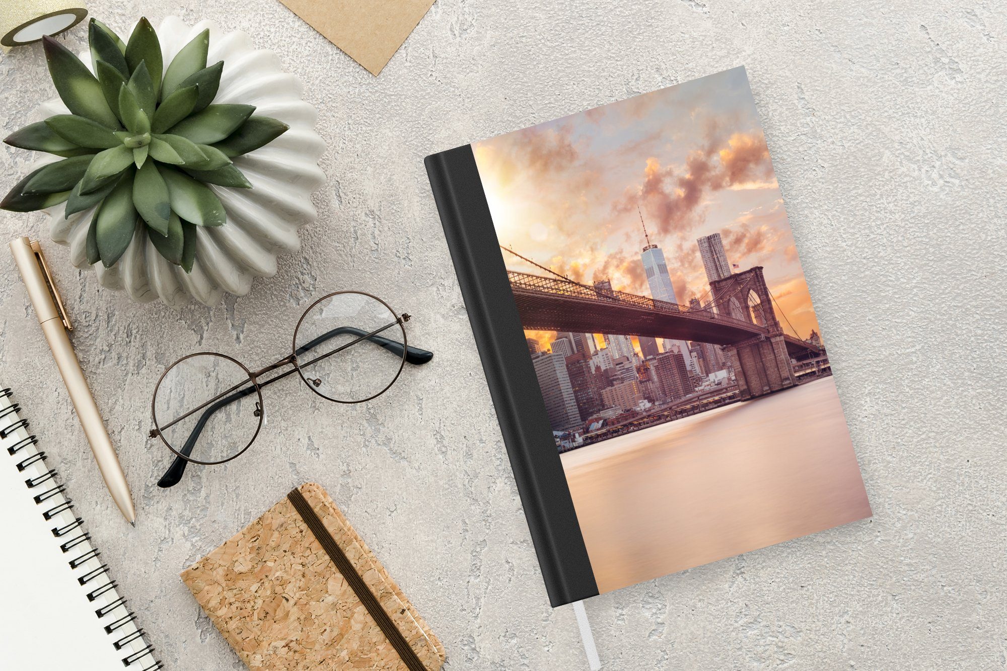 Bridge und bei Merkzettel, Skyline A5, New die Haushaltsbuch Notizbuch Brooklyn Yorker Tagebuch, MuchoWow Sonnenuntergang, Notizheft, Journal, 98 Seiten,