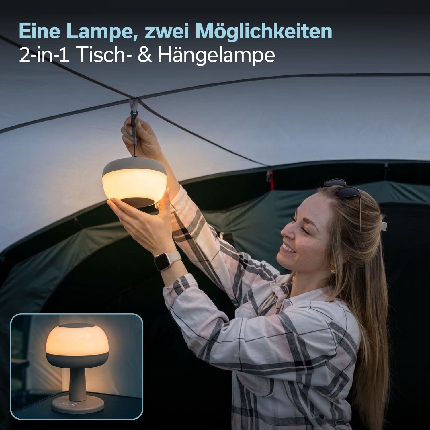 Skandika LED Gartenleuchte Campinglampe Elva, 2-in-1 Design, Tischleuchte, Hängelampe, dimmbar, Lampe zum Aufhängen, warmweiß, Touch Funktion, wiederaufladbar