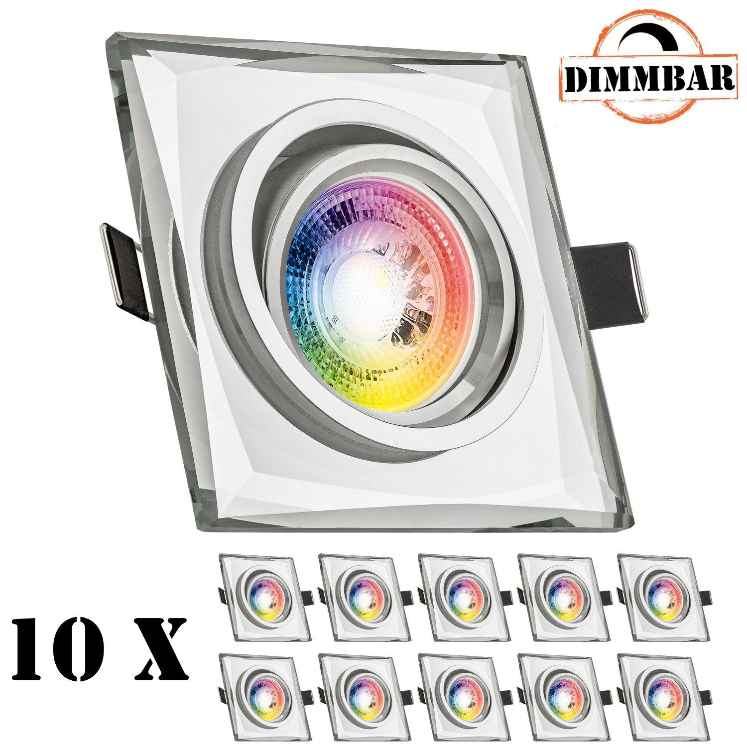 LEDANDO LED Einbaustrahler 10er RGB LED Einbaustrahler Set GU10 in Glas / Kristall mit 3W LED von
