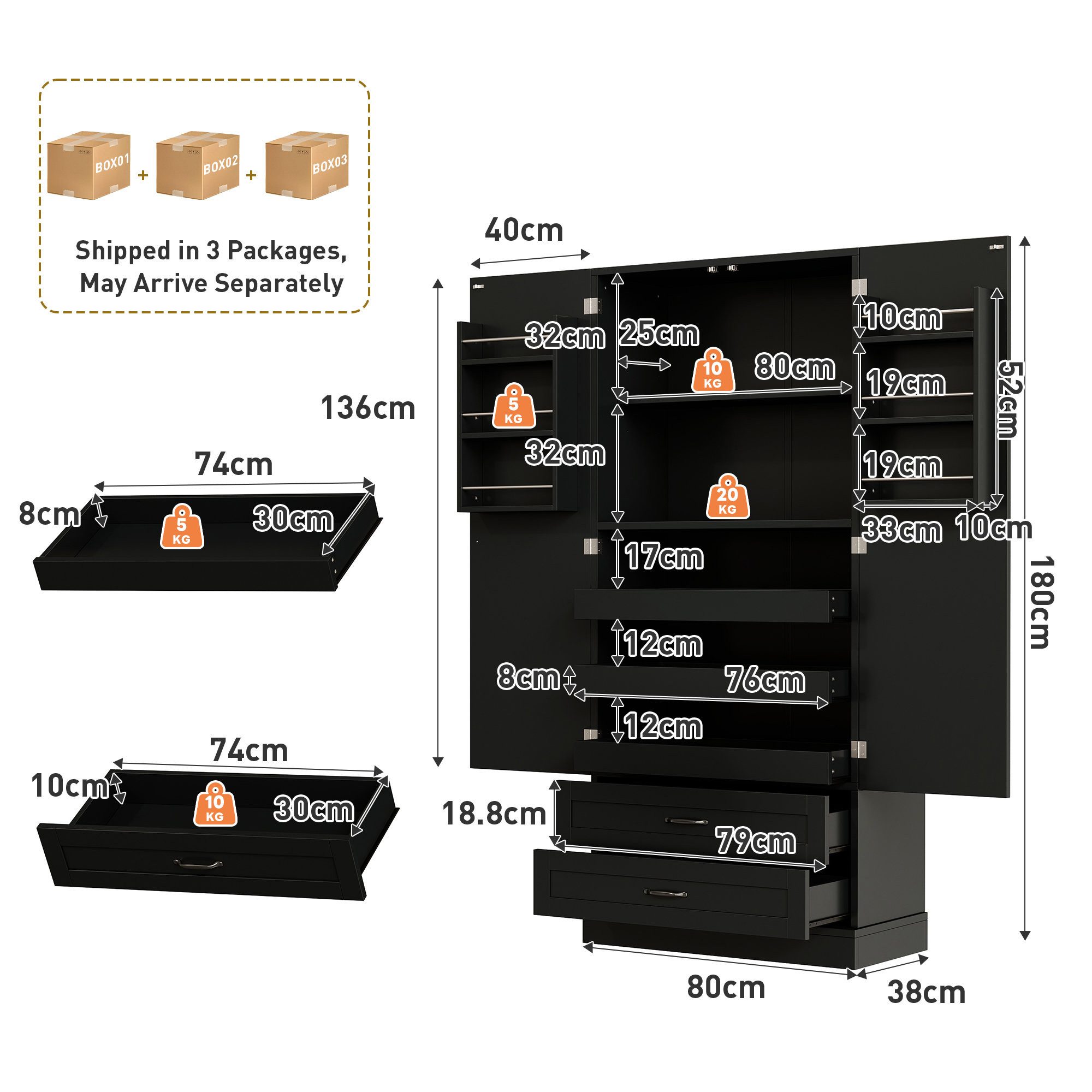 Odikalo Hochschrank Küchenschrank Küchenbuffet mit Ausziehböden Schubladen MDF (L80xB37.5xH180cm Freistehender Schrank mit Türregalen Kippsicherung Perfekt 3 Ausziehböden und Doppeltür-Hochschrank für Küche Esszimmer & Wohnzimmer)