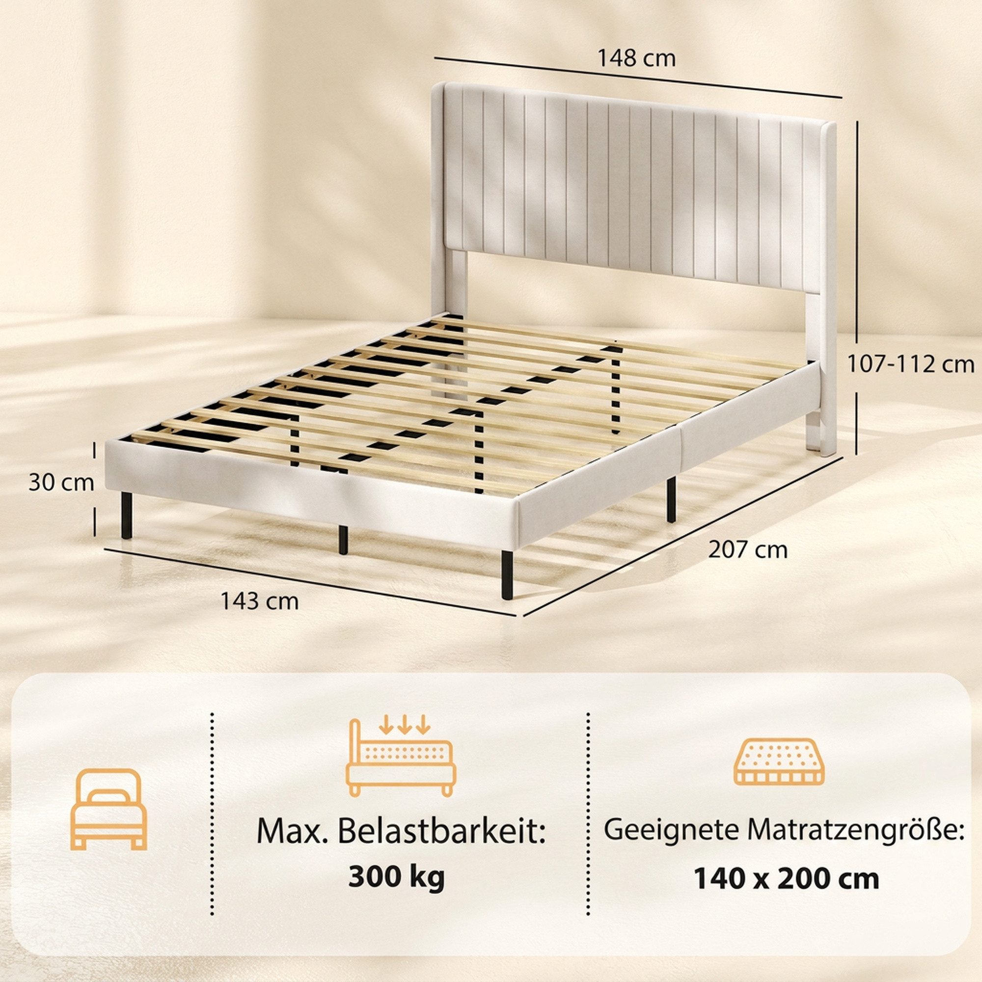 HOMCOM Bettgestell Polsterbett 140x200cm, Holland-Samt, gepolstertes Kopfteil, Beige (Set, 1-tlg., Bettgestell mit Lattenrost), Verstellbares Kopfteil, 15 cm Bo – Bild 3 von 5