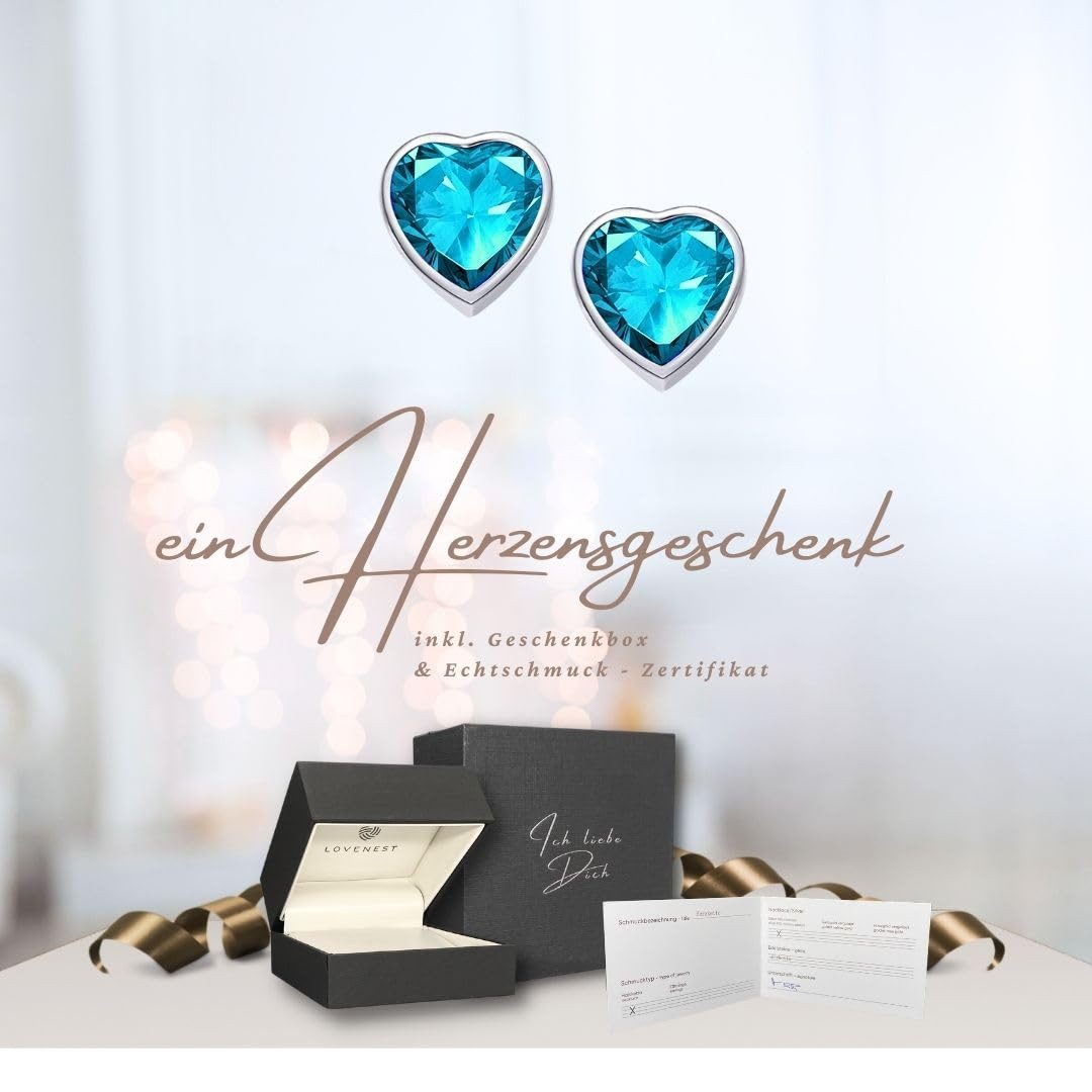 LOVENEST Ohrstecker-Set Herz Ohrringe Silber 925 Damen Ohrstecker Rot / Aquamarin