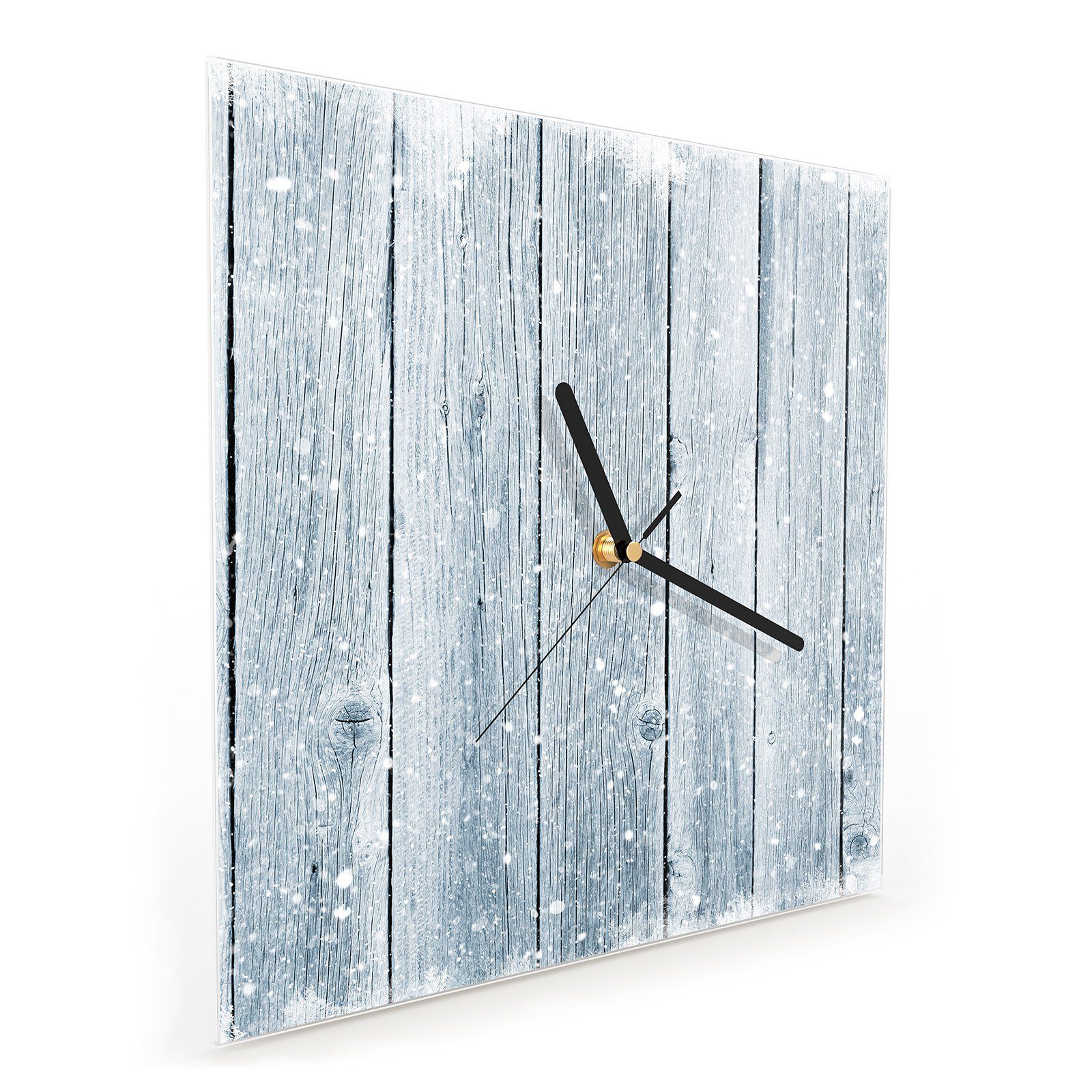 Schnee mit Glasuhr Motiv Holzbalken mit cm Wandkunst Größe Wanduhr Wanduhr Primedeco x 30 30
