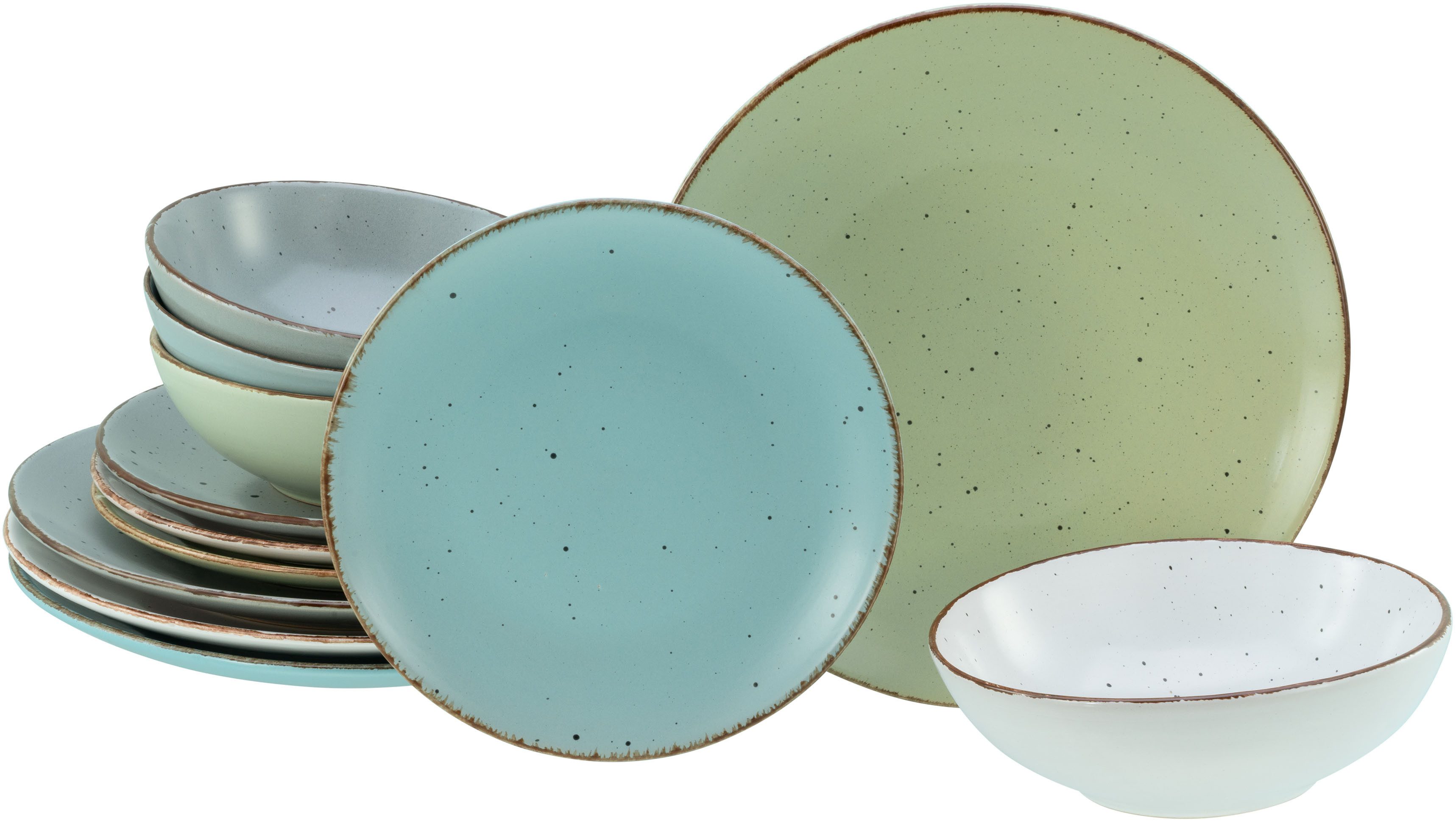 CreaTable Teller-Set Fashion Bunt, Teller Set 12-tlg. (12-tlg), 4 Personen, Steinzeug, Vintage Look, Seidenmatte Glasur, Handgemalte Ränder